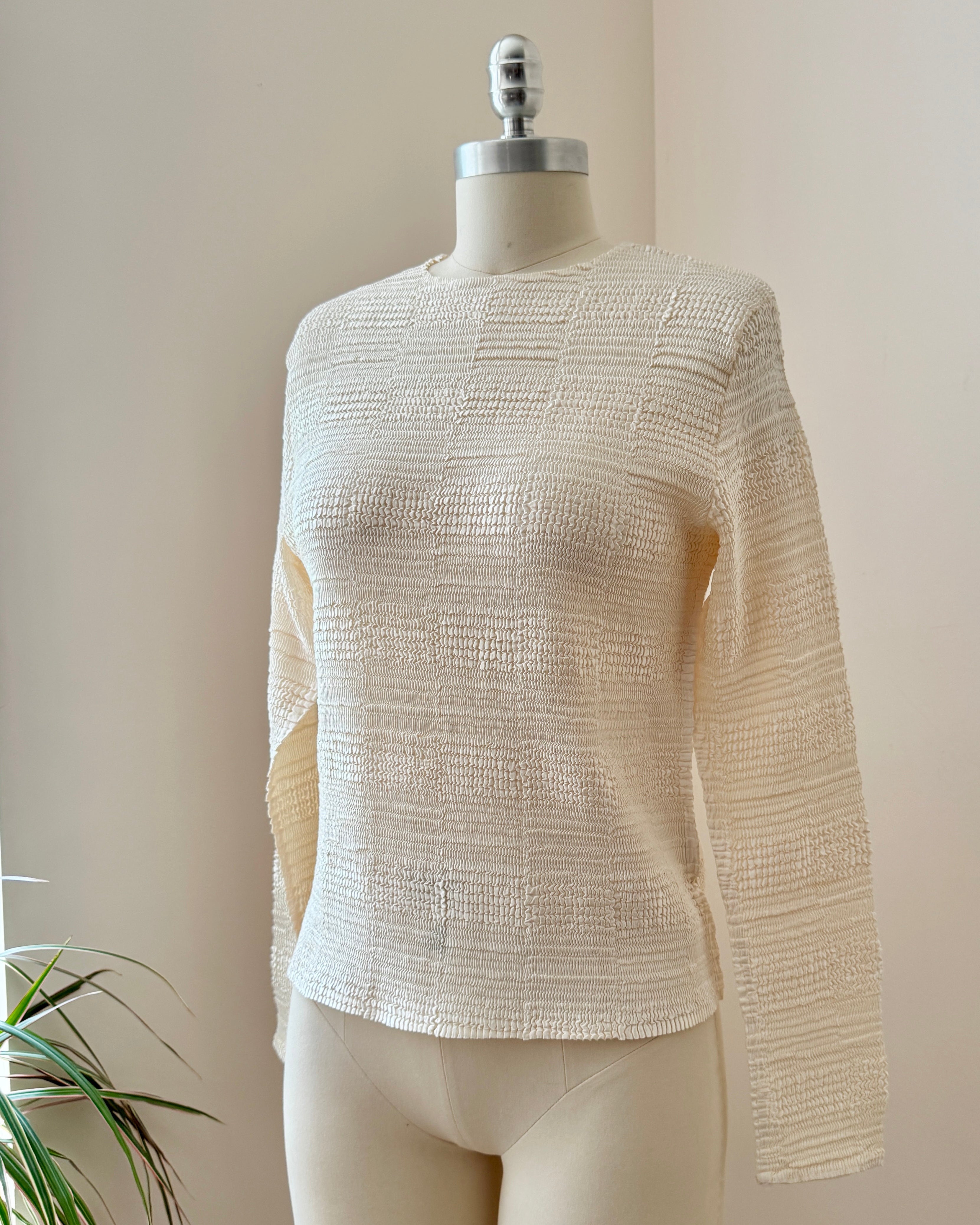 Vintage 1990s Satin Cream Pleated Crinkle Check Crew Top Shirt Size M Made in France
