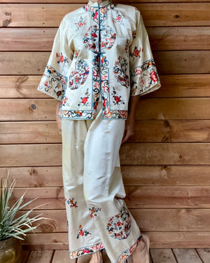 Vintage 1950s Deadstock Chinese Botanical Embroidered Ivory Silk Satin Pyjama Jacket and Pant Set S or M