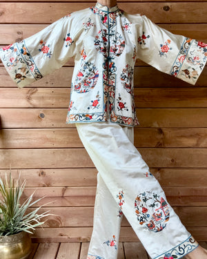 Vintage 1950s Deadstock Chinese Botanical Embroidered Ivory Silk Satin Pyjama Jacket and Pant Set S or M