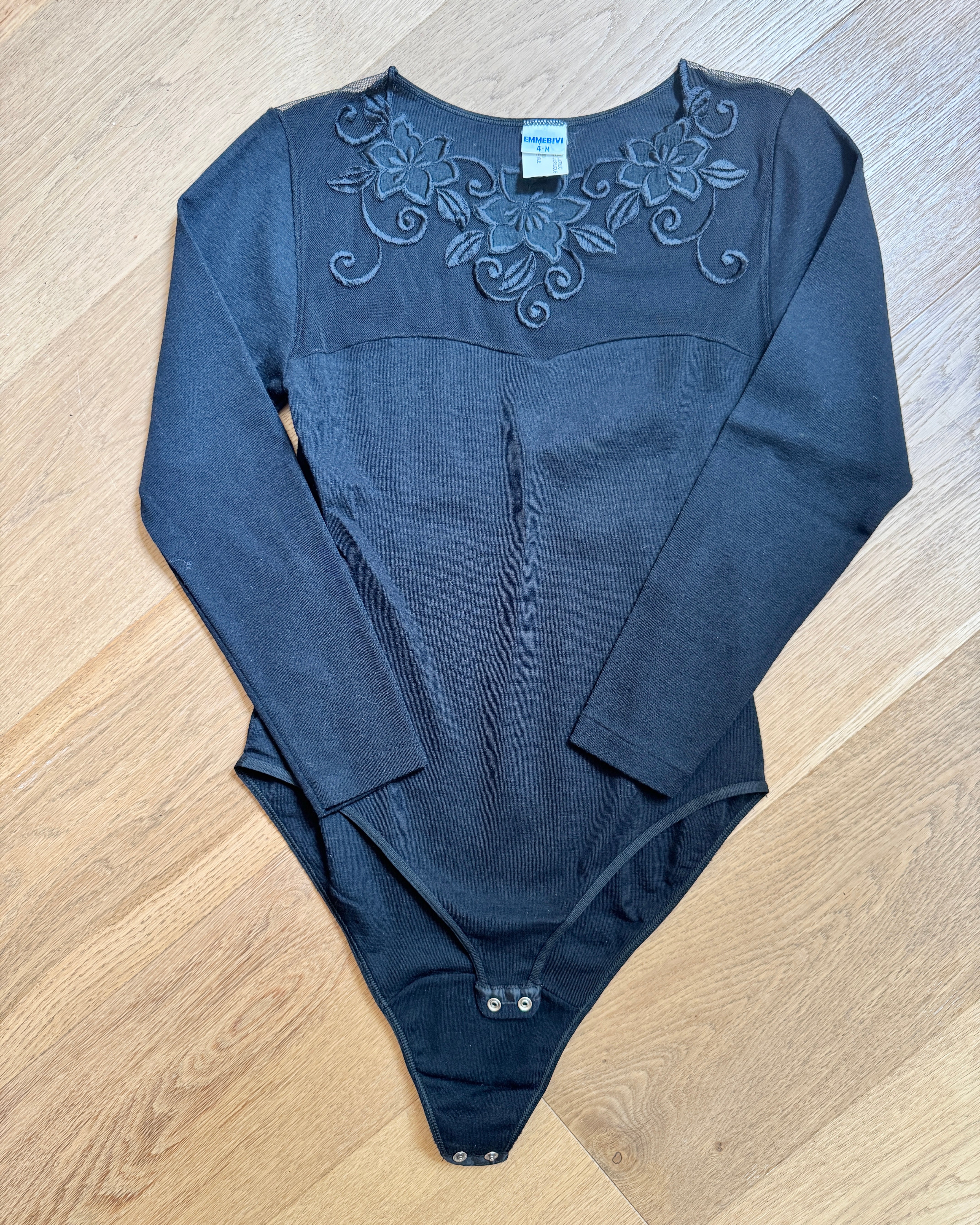 Vintage 1980s Emmebivi Black Wool Blend Knit Lace Bodysuit with Mesh Floral Appliqués and Bustier Shape Made in Italy NWT