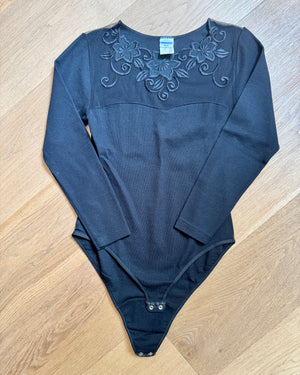 Vintage 1980s Emmebivi Black Wool Blend Knit Lace Bodysuit with Mesh Floral Appliqués and Bustier Shape Made in Italy NWT