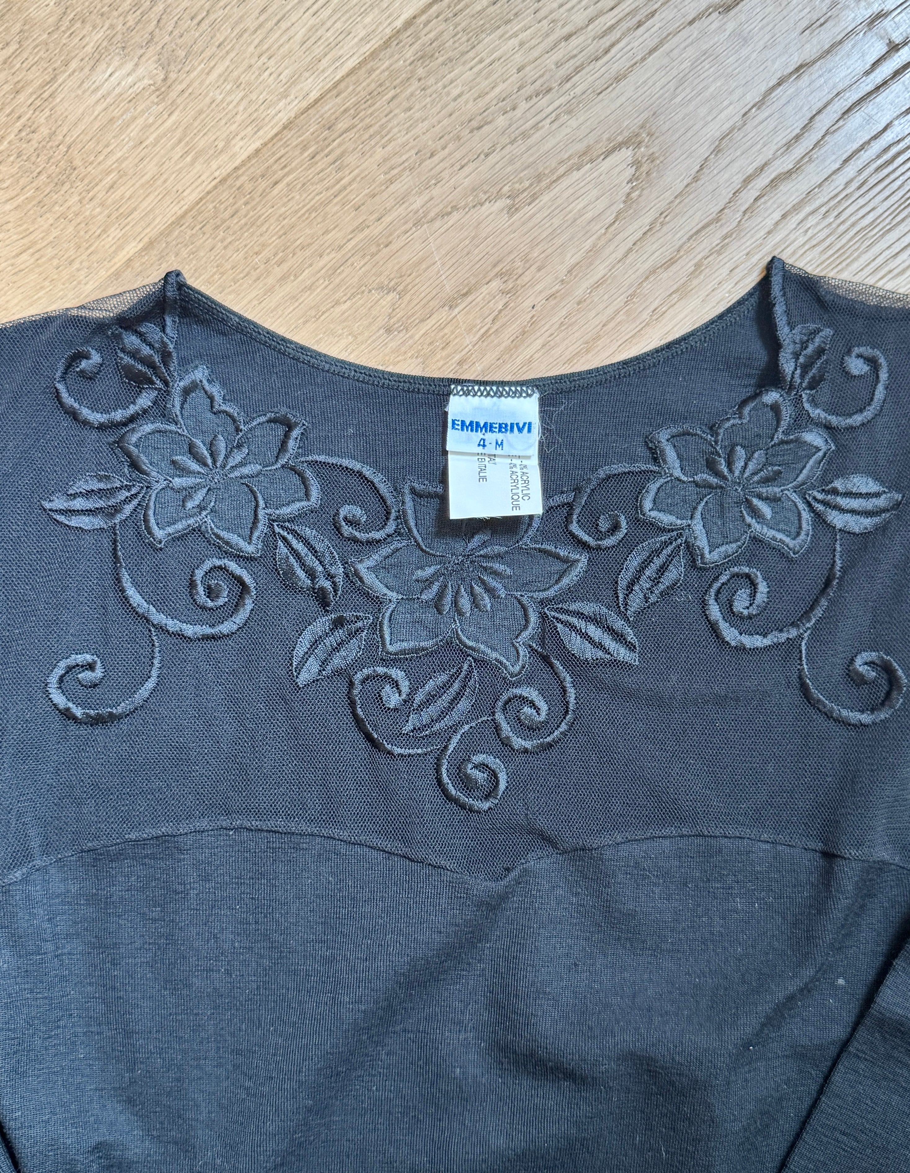 Vintage 1980s Emmebivi Black Wool Blend Knit Lace Bodysuit with Mesh Floral Appliqués and Bustier Shape Made in Italy NWT