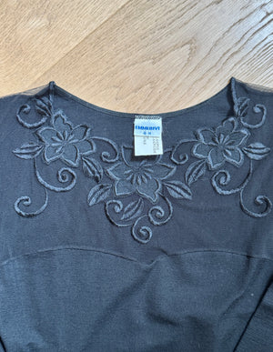 Vintage 1980s Emmebivi Black Wool Blend Knit Lace Bodysuit with Mesh Floral Appliqués and Bustier Shape Made in Italy NWT