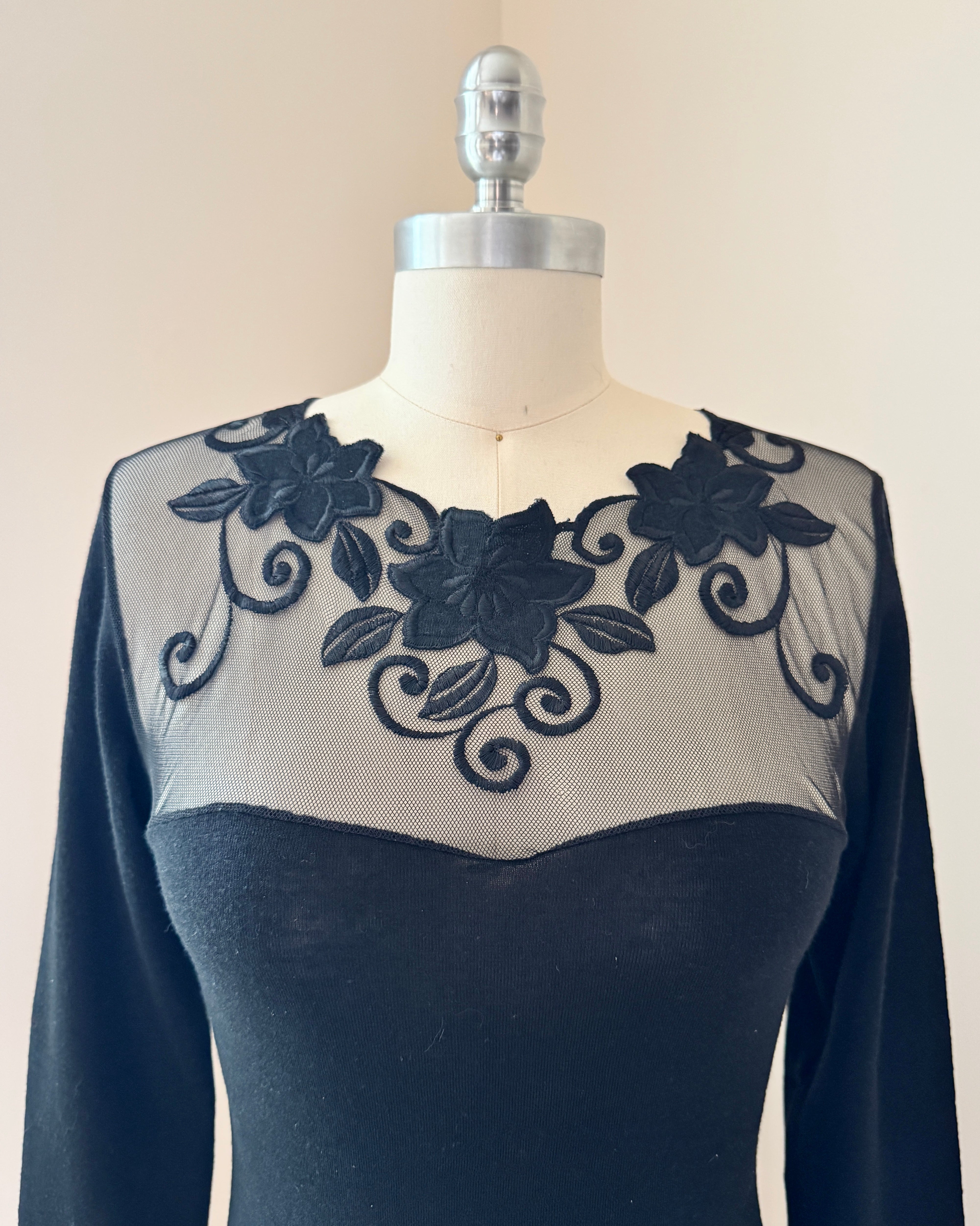 Vintage 1980s Emmebivi Black Wool Blend Knit Lace Bodysuit with Mesh Floral Appliqués and Bustier Shape Made in Italy NWT