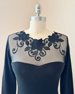 Vintage 1980s Emmebivi Black Wool Blend Knit Lace Bodysuit with Mesh Floral Appliqués and Bustier Shape Made in Italy NWT