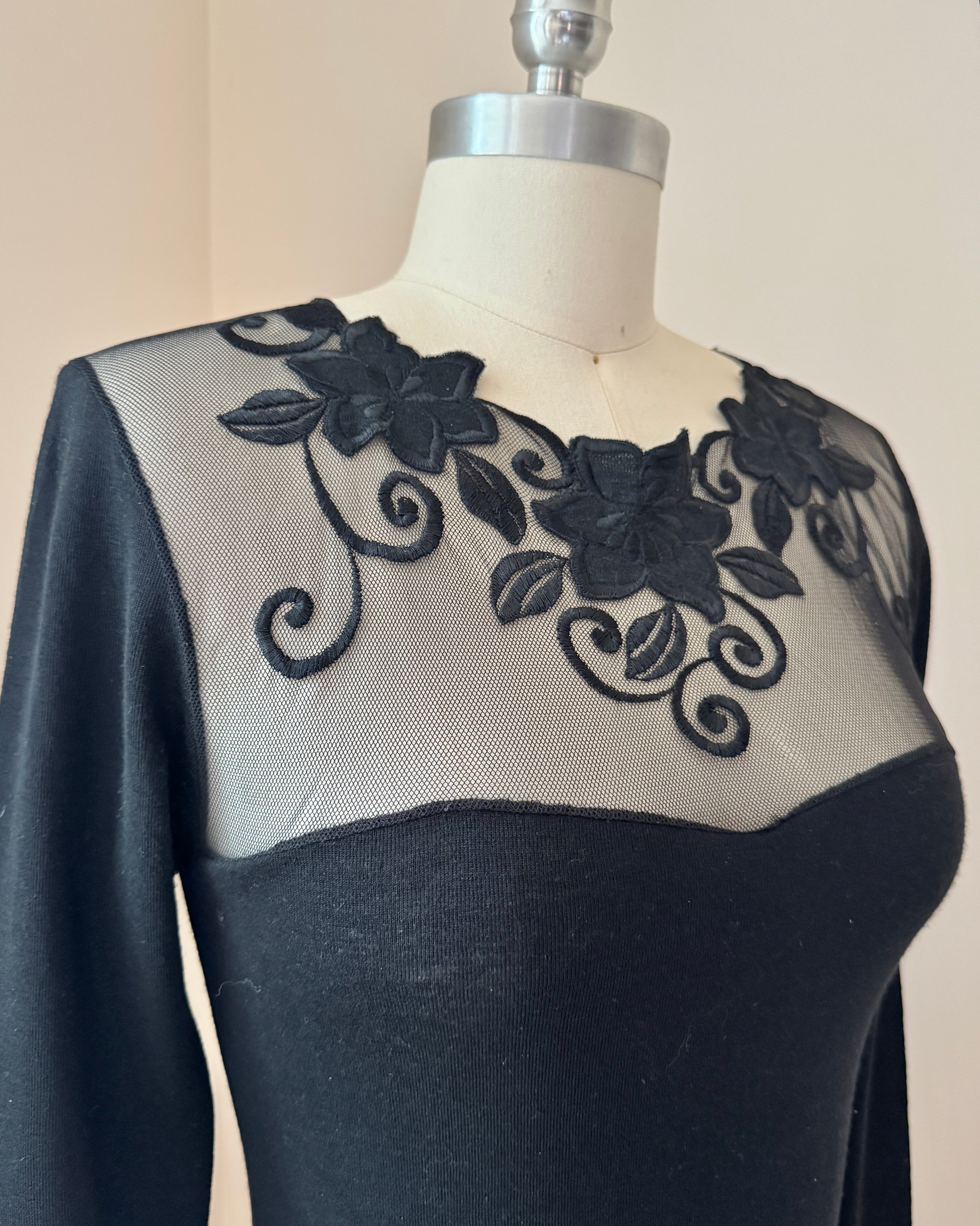 Vintage 1980s Emmebivi Black Wool Blend Knit Lace Bodysuit with Mesh Floral Appliqués and Bustier Shape Made in Italy NWT
