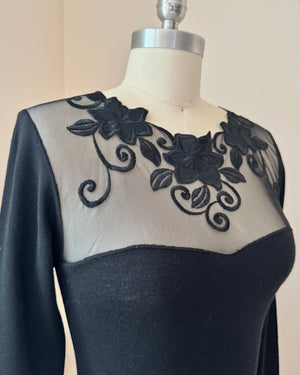Vintage 1980s Emmebivi Black Wool Blend Knit Lace Bodysuit with Mesh Floral Appliqués and Bustier Shape Made in Italy NWT