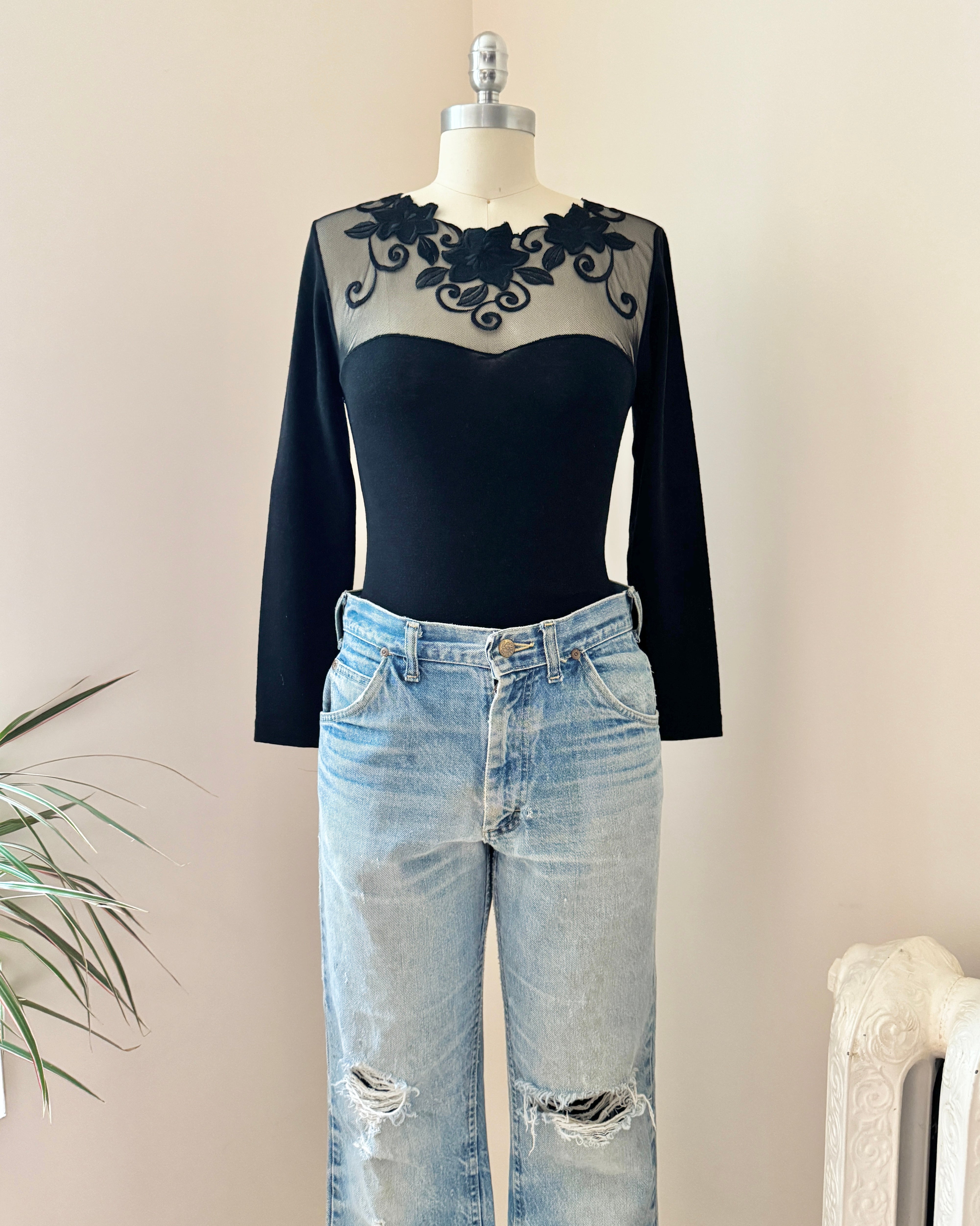 Vintage 1980s Emmebivi Black Wool Blend Knit Lace Bodysuit with Mesh Floral Appliqués and Bustier Shape Made in Italy NWT