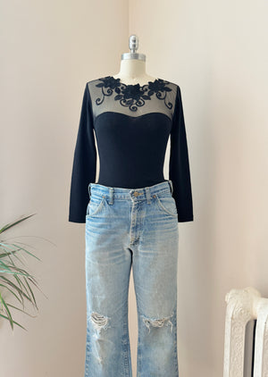 Vintage 1980s Emmebivi Black Wool Blend Knit Lace Bodysuit with Mesh Floral Appliqués and Bustier Shape Made in Italy NWT