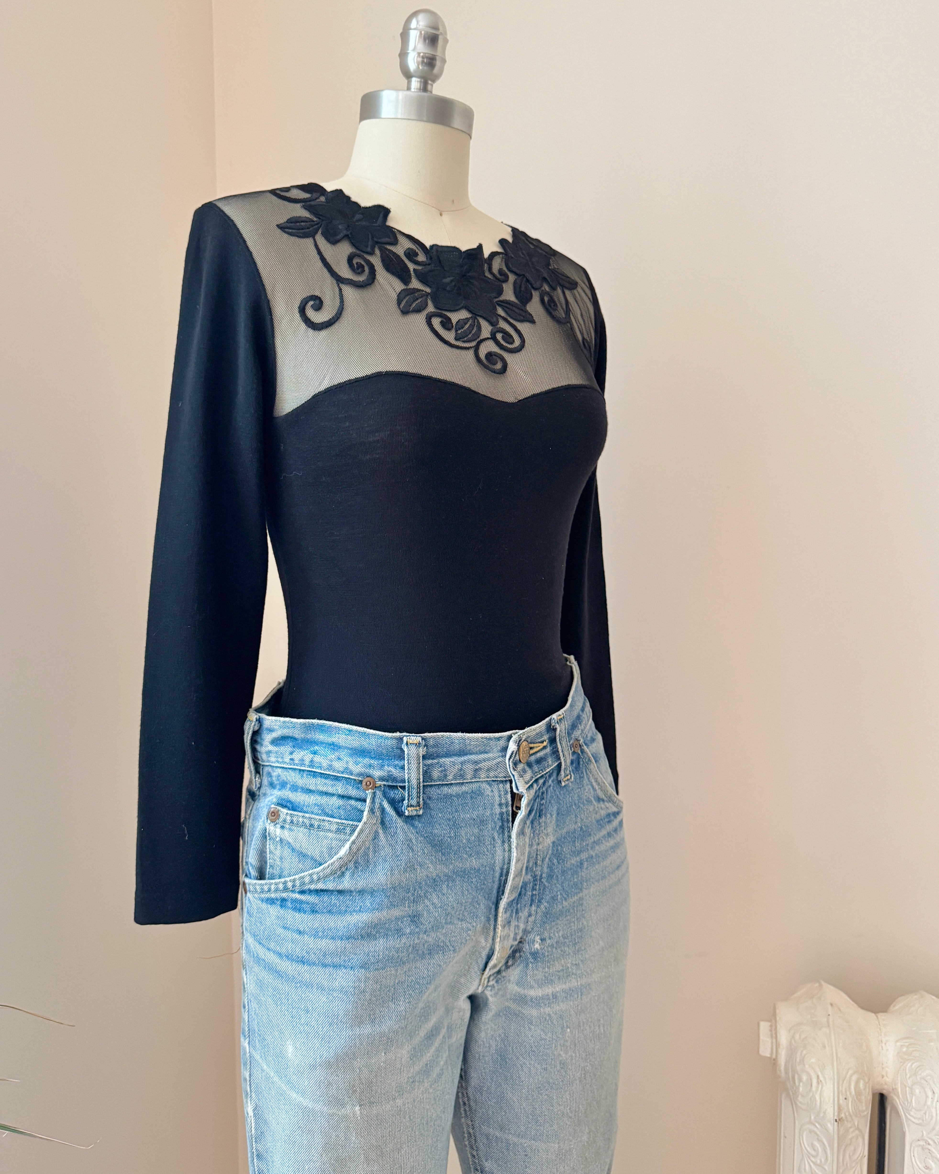 Vintage 1980s Emmebivi Black Wool Blend Knit Lace Bodysuit with Mesh Floral Appliqués and Bustier Shape Made in Italy NWT