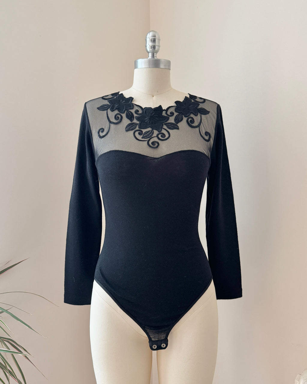 Vintage 1980s Emmebivi Black Wool Blend Knit Lace Bodysuit with Mesh Floral Appliqués and Bustier Shape Made in Italy NWT