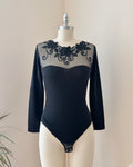 Vintage 1980s Emmebivi Black Wool Blend Knit Lace Bodysuit with Mesh Floral Appliqués and Bustier Shape Made in Italy NWT