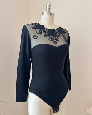 Vintage 1980s Emmebivi Black Wool Blend Knit Lace Bodysuit with Mesh Floral Appliqués and Bustier Shape Made in Italy NWT