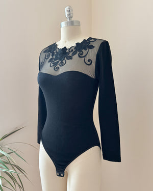 Vintage 1980s Emmebivi Black Wool Blend Knit Lace Bodysuit with Mesh Floral Appliqués and Bustier Shape Made in Italy NWT