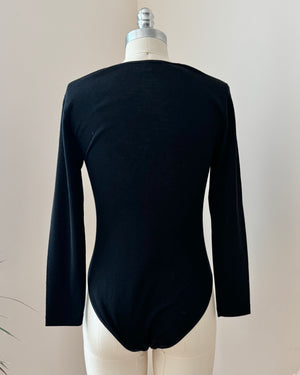 Vintage 1980s Emmebivi Black Wool Blend Knit Lace Bodysuit with Mesh Floral Appliqués and Bustier Shape Made in Italy NWT