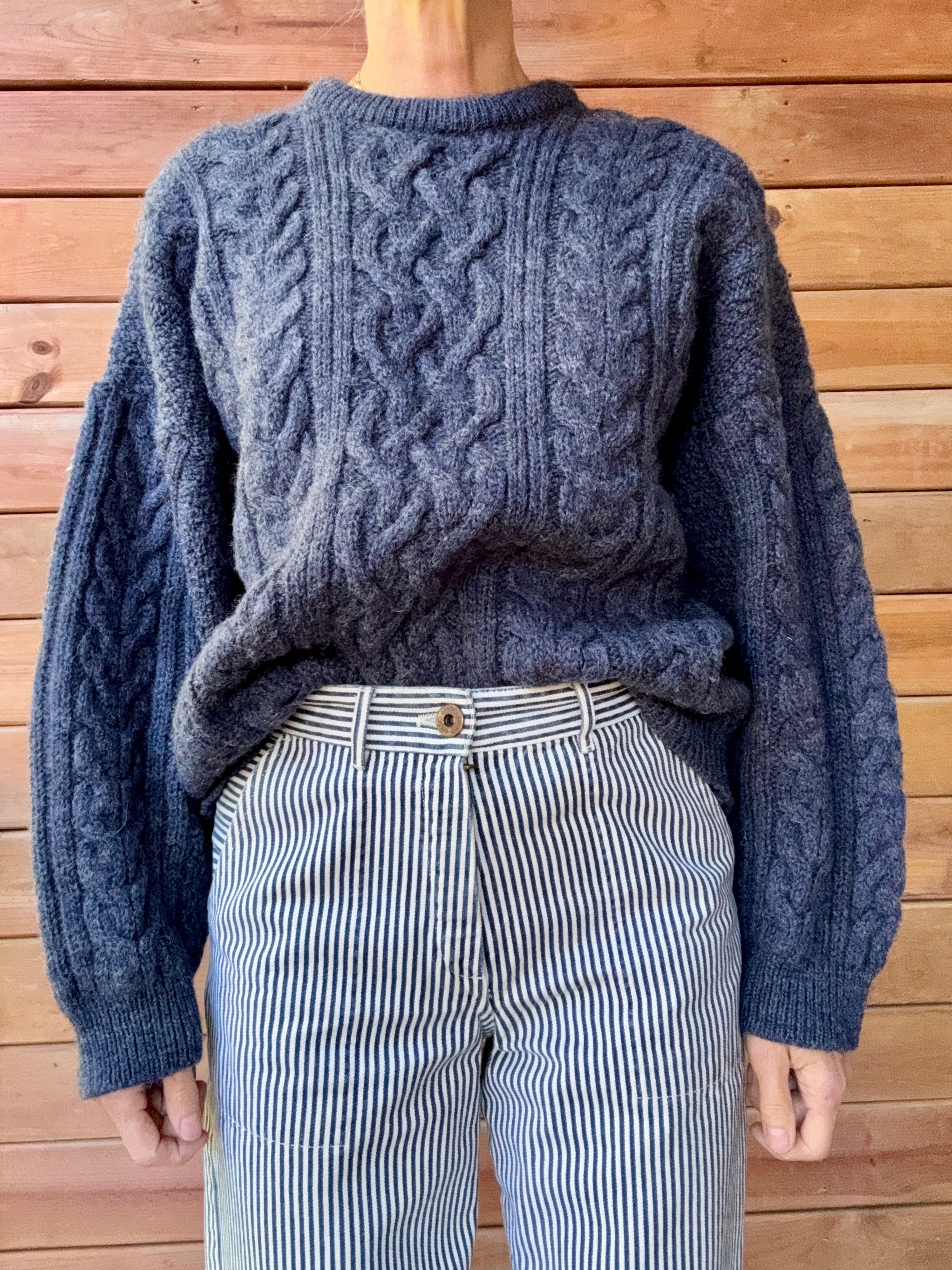 Vintage Cable Aran Fisherman Hand Knit Wool Denim Blue Marled Sweater
