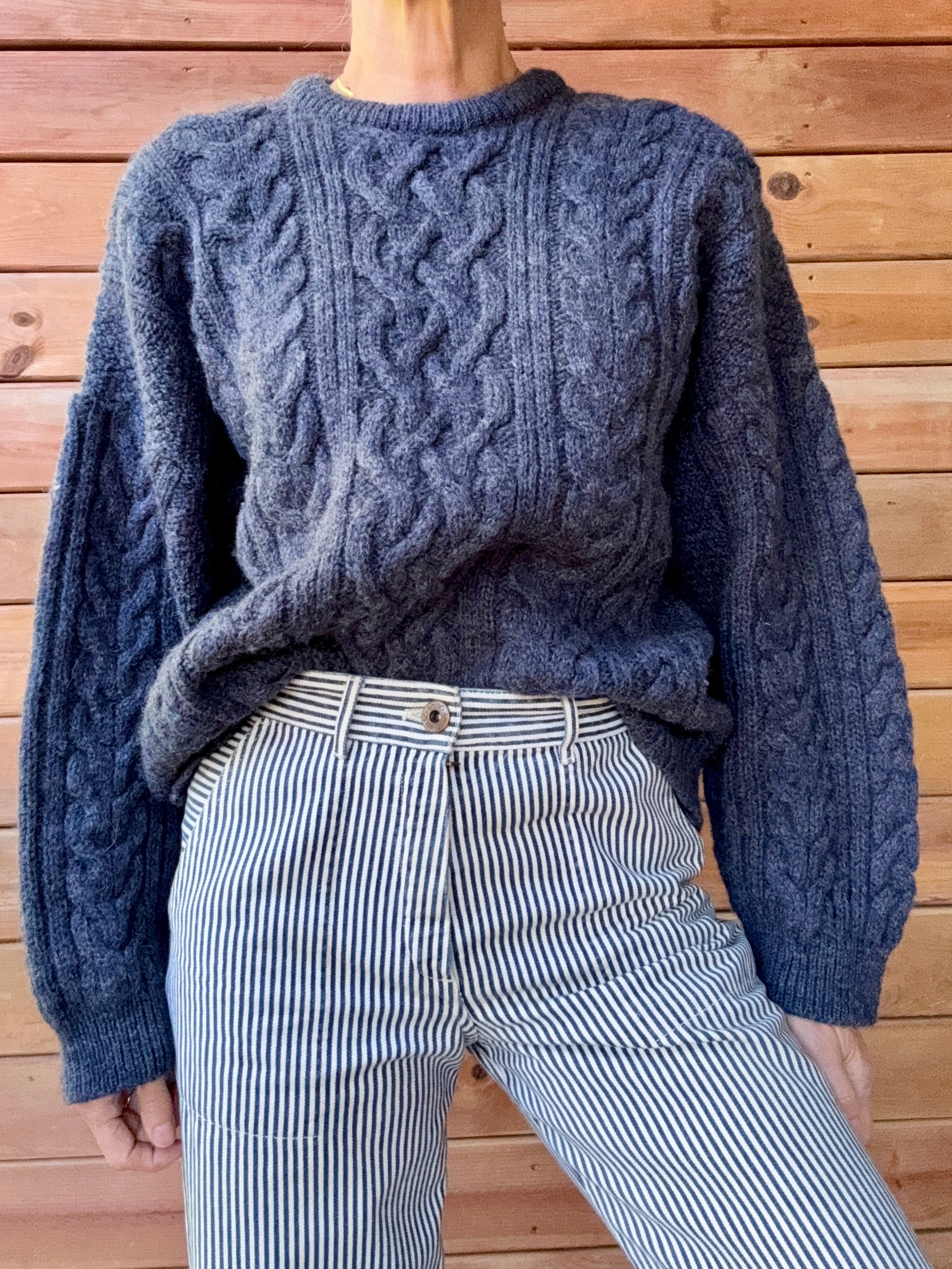 Vintage Cable Aran Fisherman Hand Knit Wool Denim Blue Marled Sweater