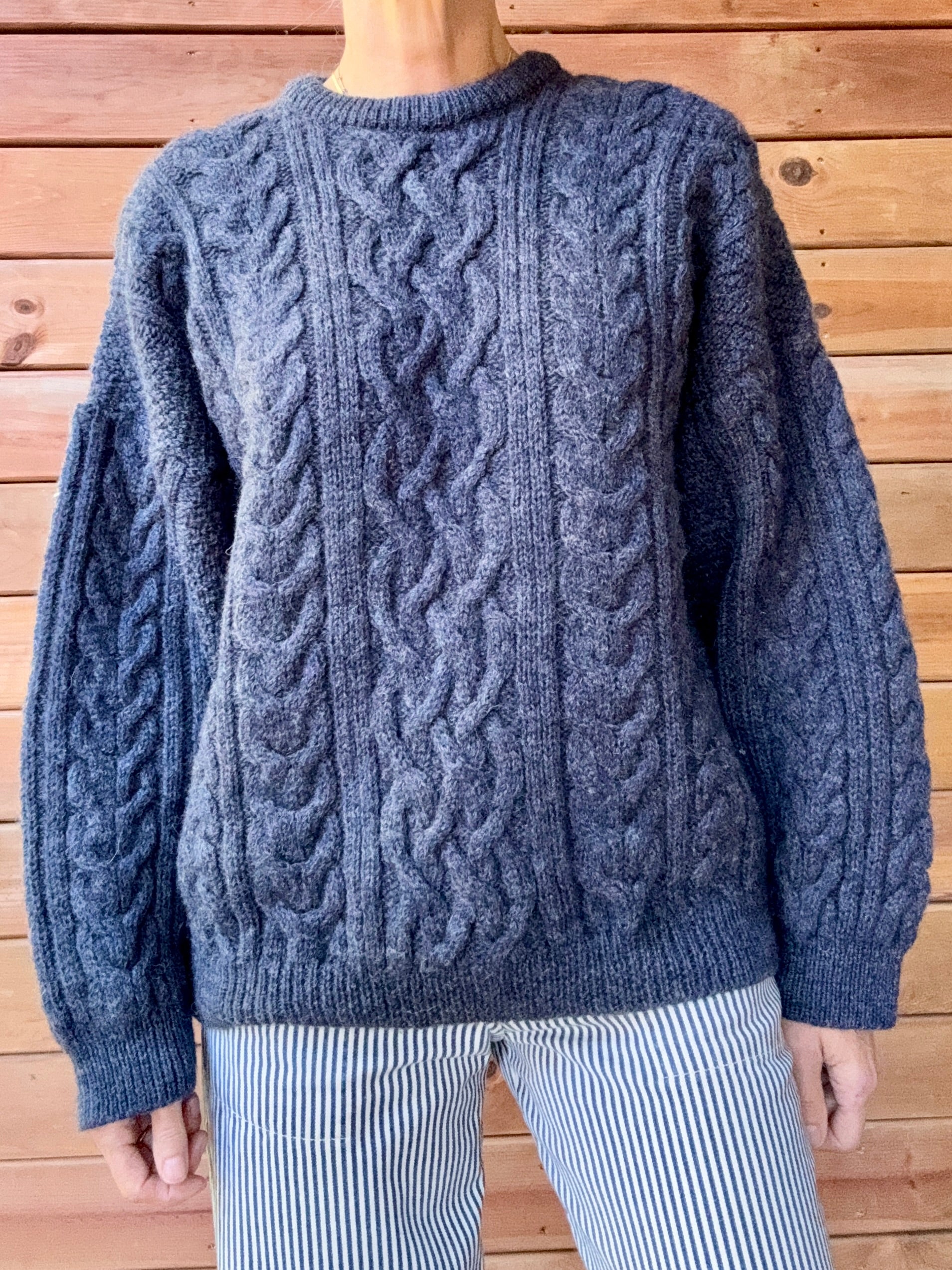 Vintage Cable Aran Fisherman Hand Knit Wool Denim Blue Marled Sweater