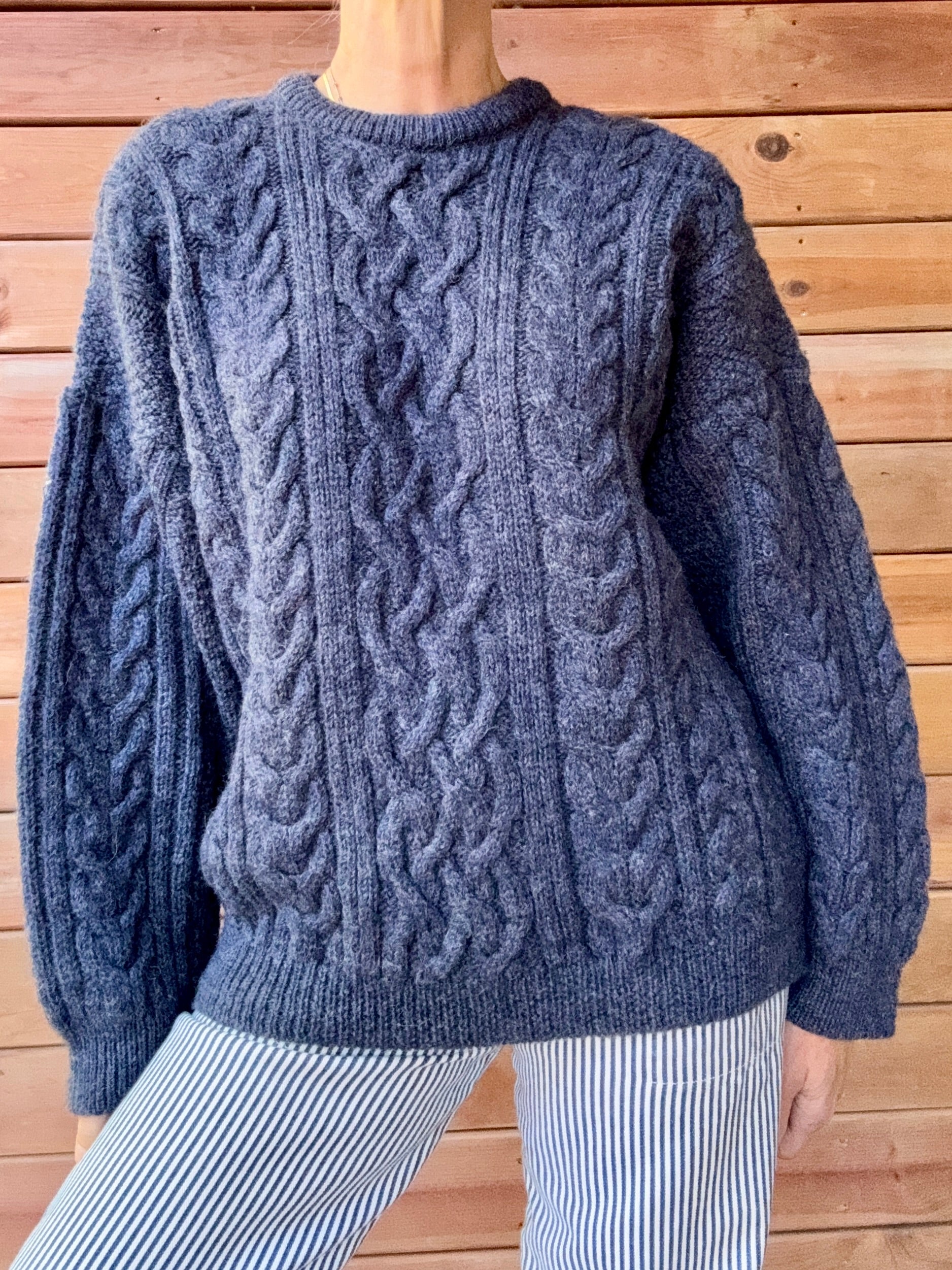 Vintage Cable Aran Fisherman Hand Knit Wool Denim Blue Marled Sweater