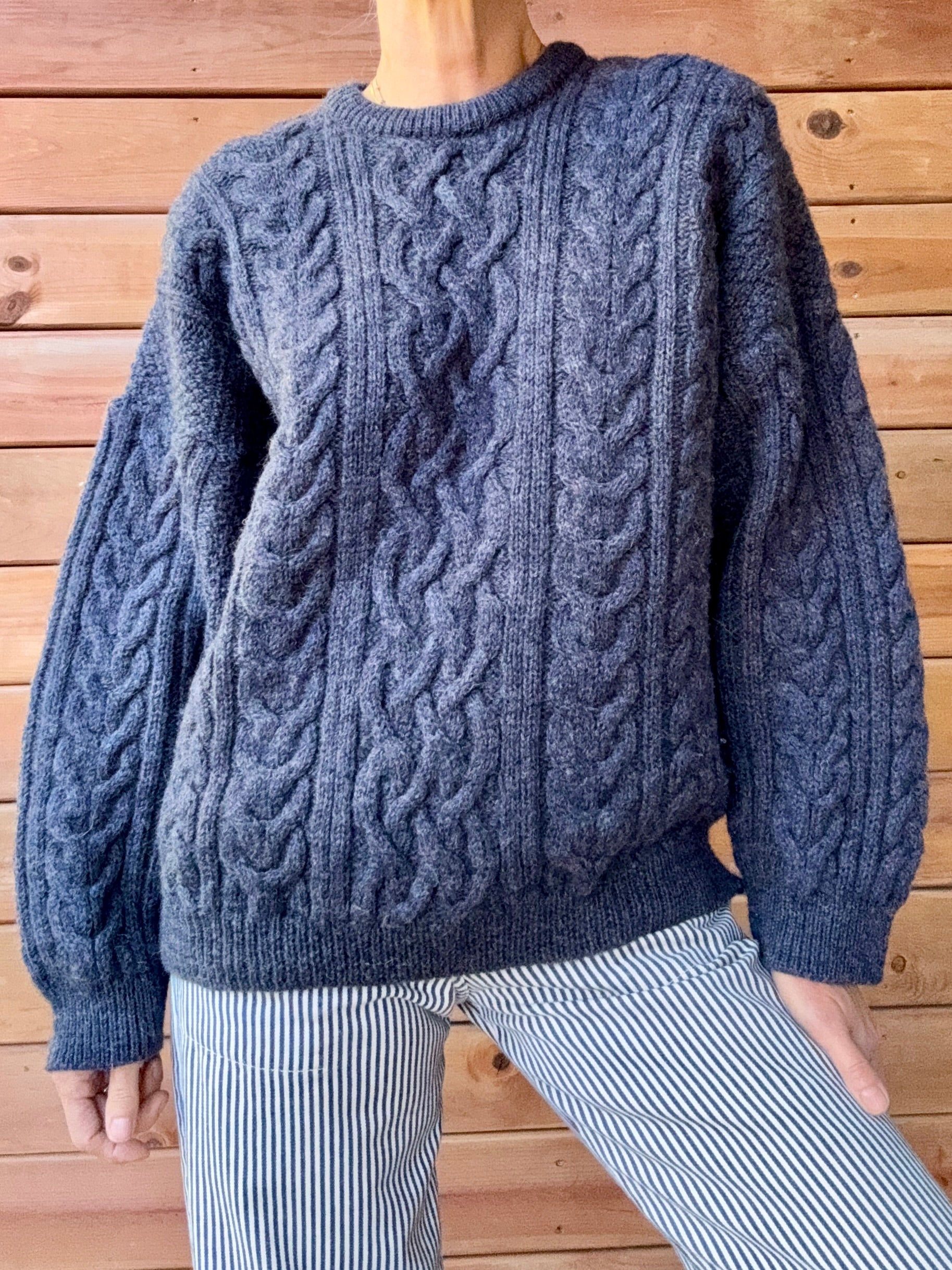 Vintage Cable Aran Fisherman Hand Knit Wool Denim Blue Marled Sweater