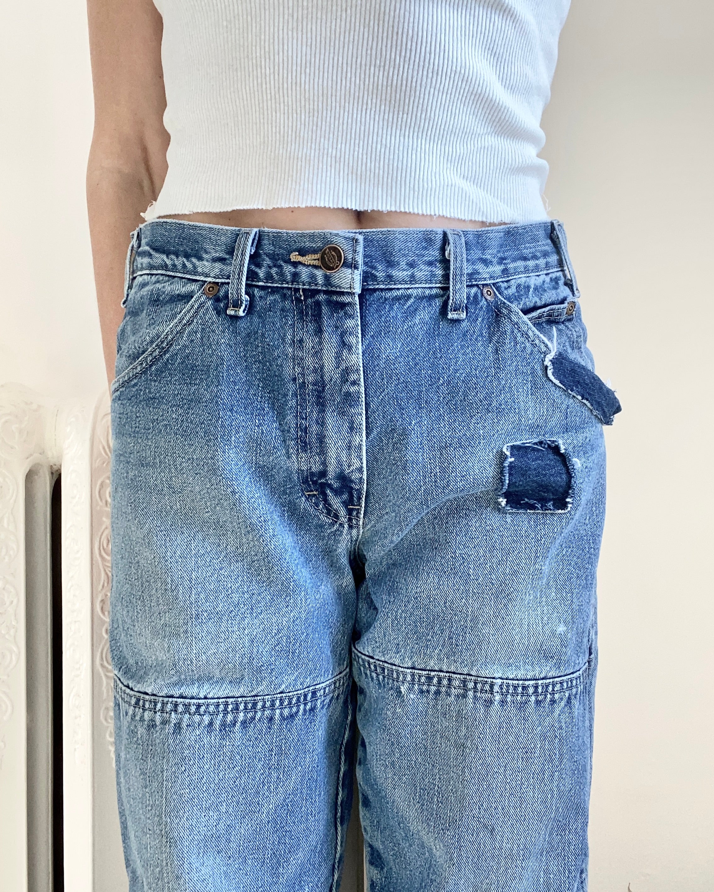 Vintage Y2K Dickies Denim Double Knee Carpenters with Patches Medium Wash Jeans Pants 32