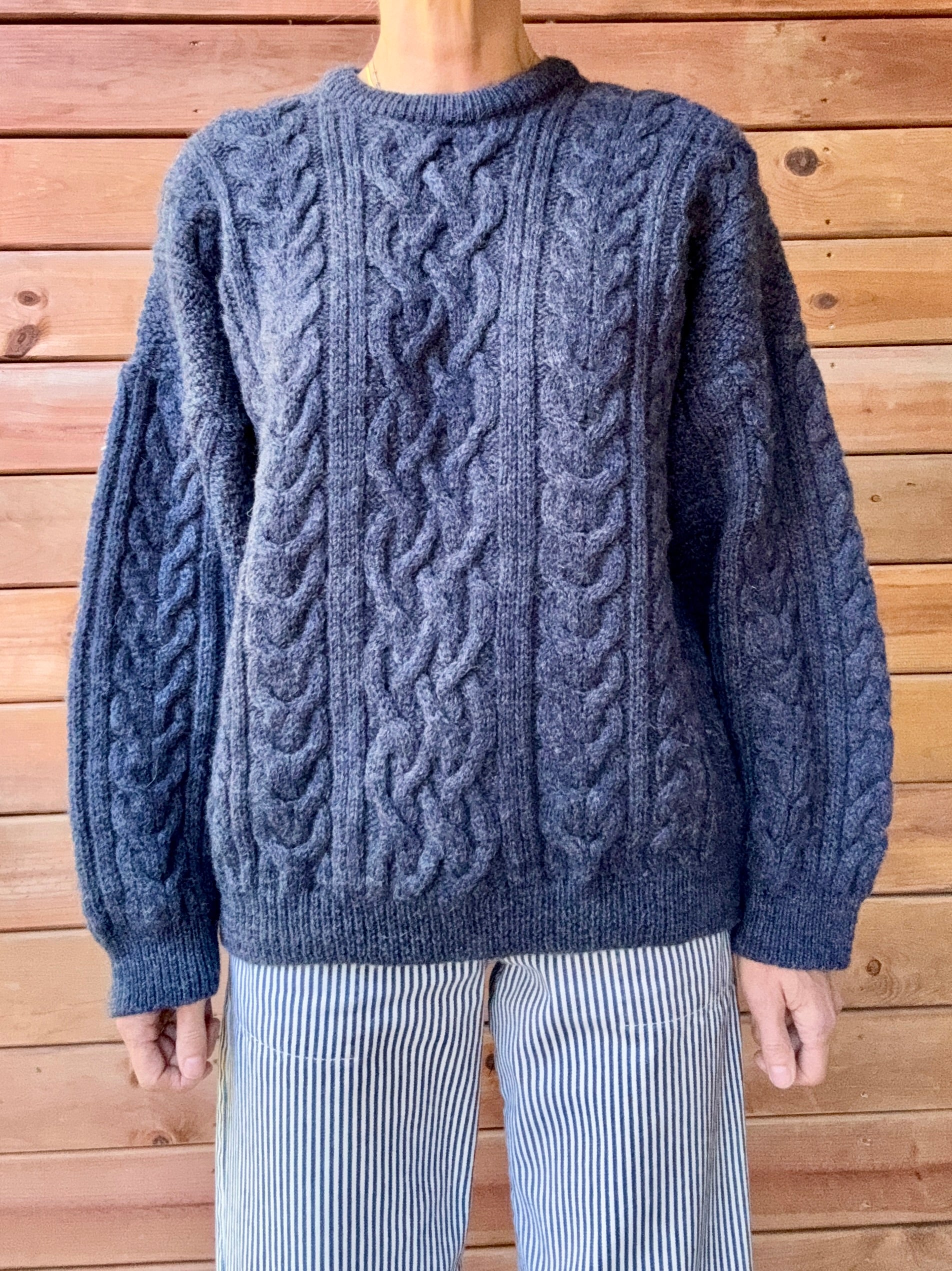 Vintage Cable Aran Fisherman Hand Knit Wool Denim Blue Marled Sweater