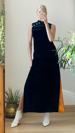 Vintage 1960s Black Velvet Mandarine Collar Long Maxi Dress with Side Slits SM