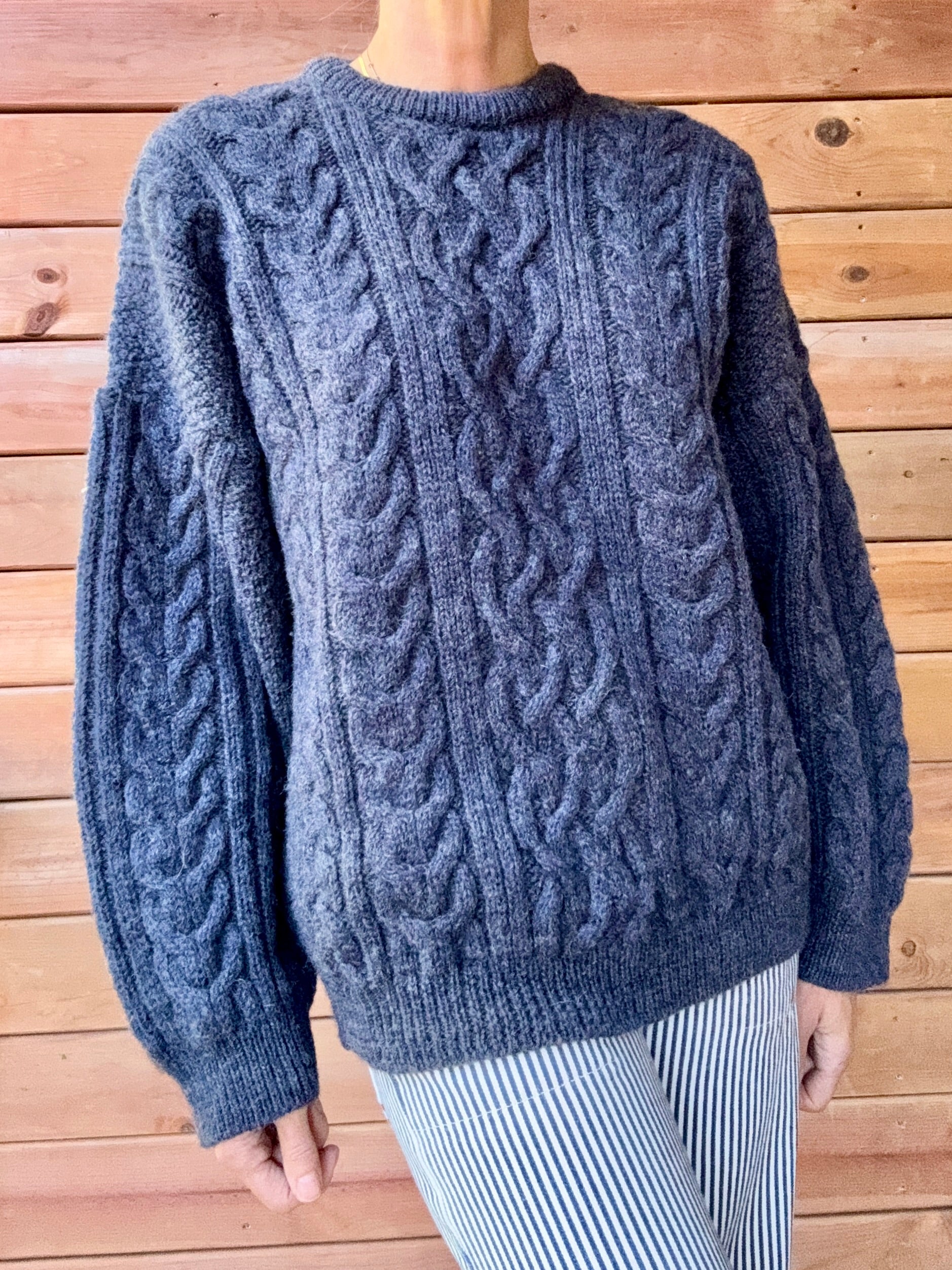 Vintage Cable Aran Fisherman Hand Knit Wool Denim Blue Marled Sweater