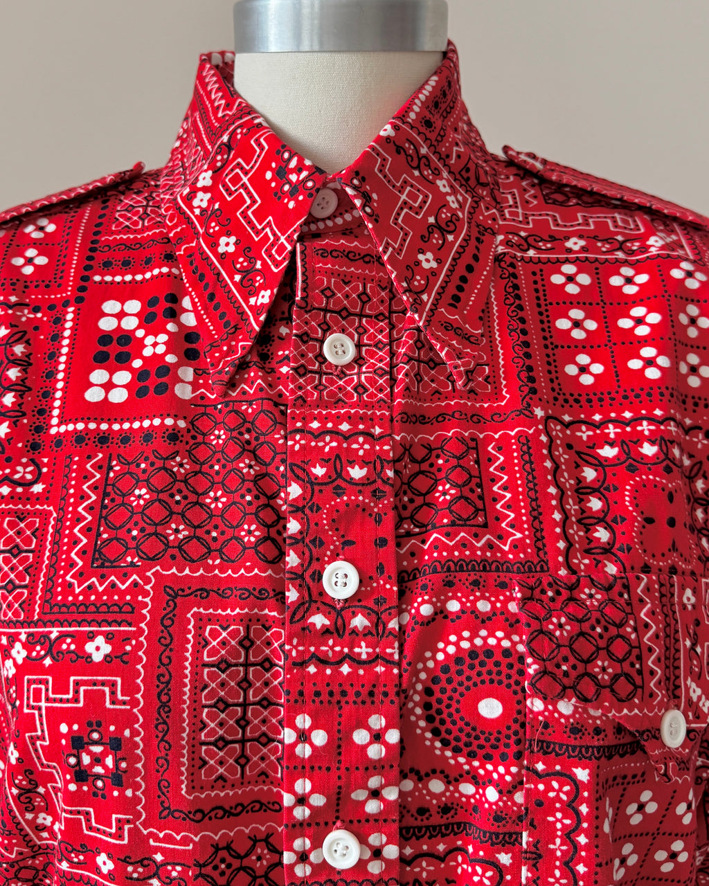Vintage 1960s 1970s Lew Magram 100% Cotton Red Bandana Print Ranch Shirt
