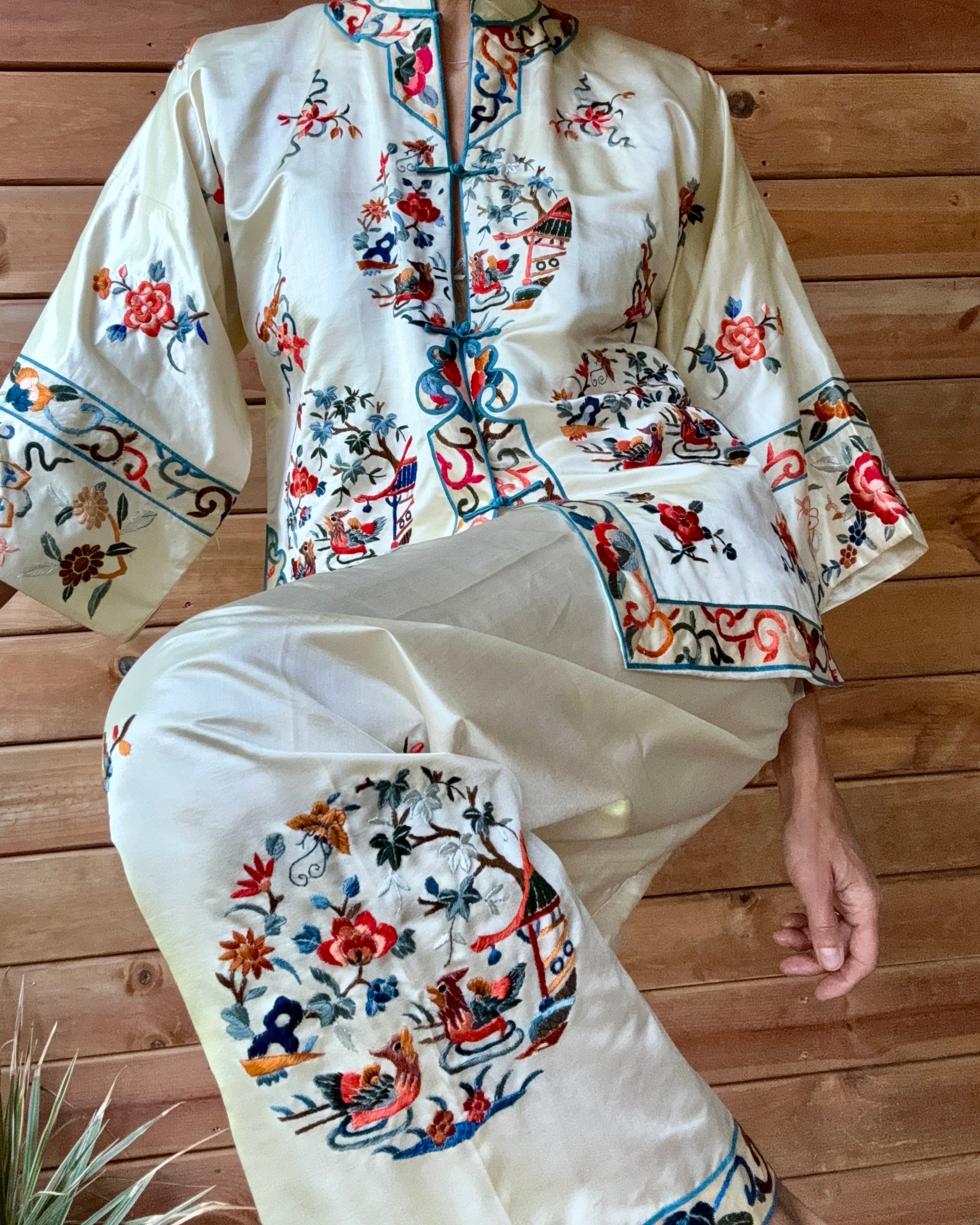 Vintage 1950s Deadstock Chinese Botanical Embroidered Ivory Silk Satin Pyjama Jacket and Pant Set S or M