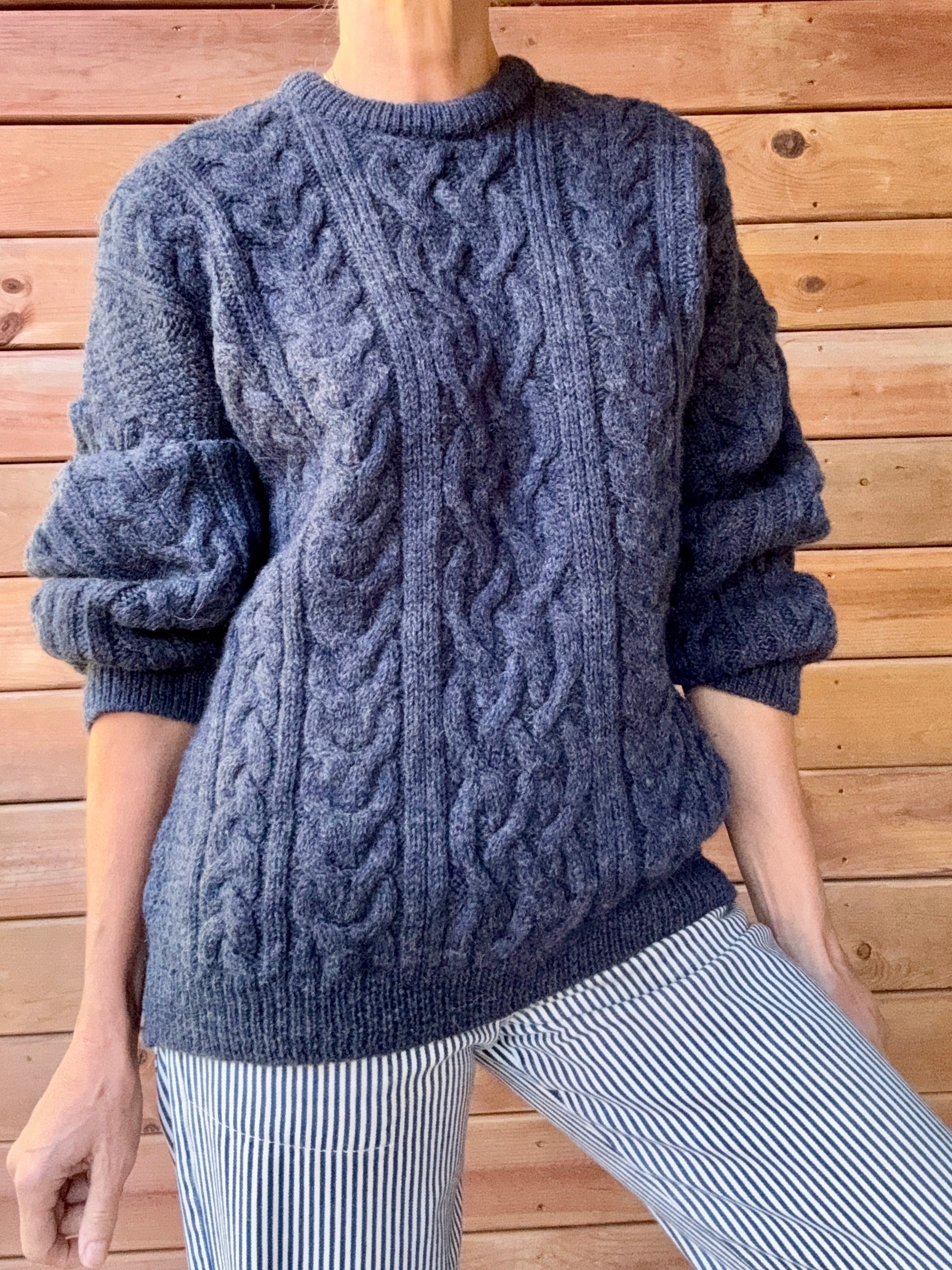 Vintage Cable Aran Fisherman Hand Knit Wool Denim Blue Marled Sweater