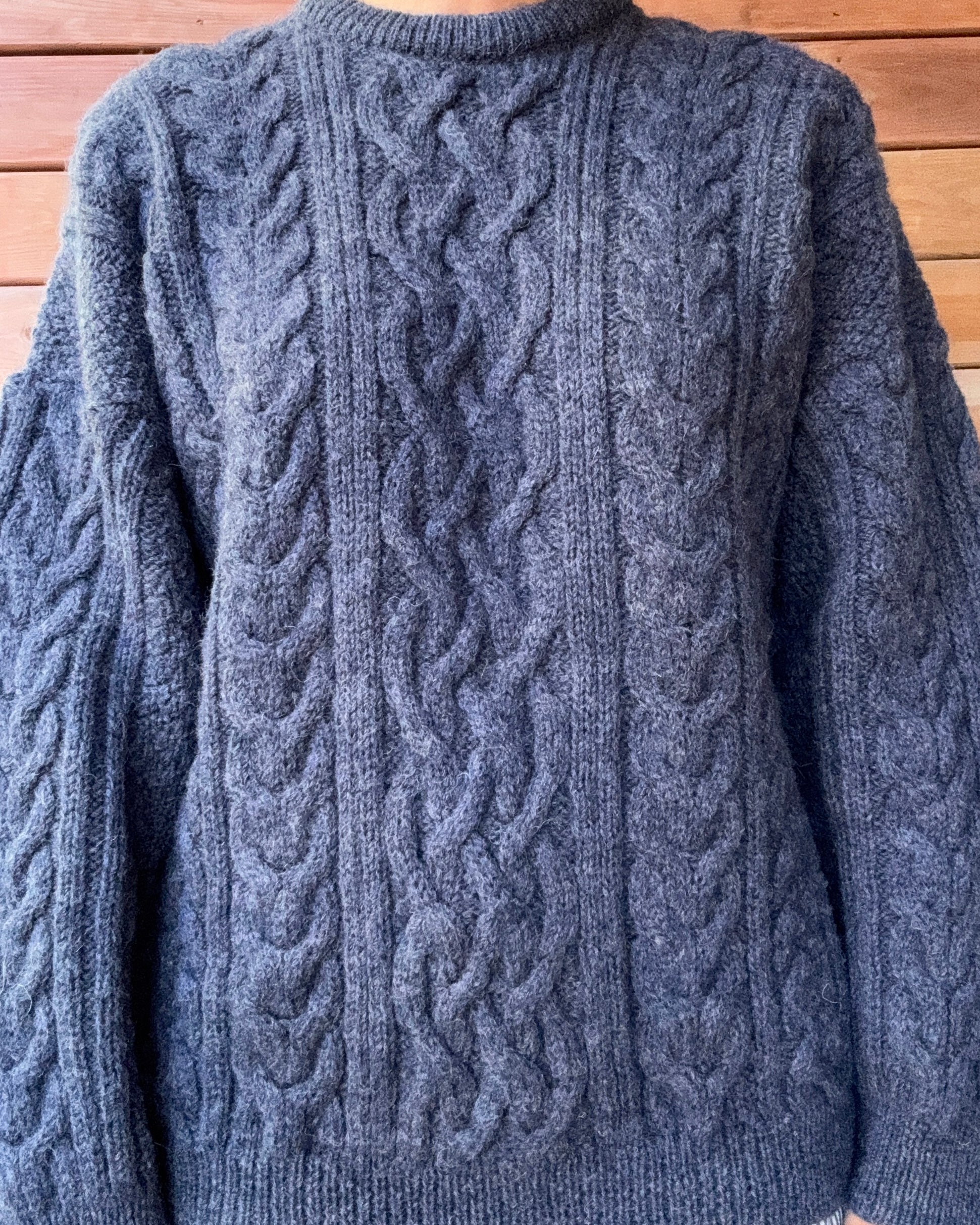 Vintage Cable Aran Fisherman Hand Knit Wool Denim Blue Marled Sweater