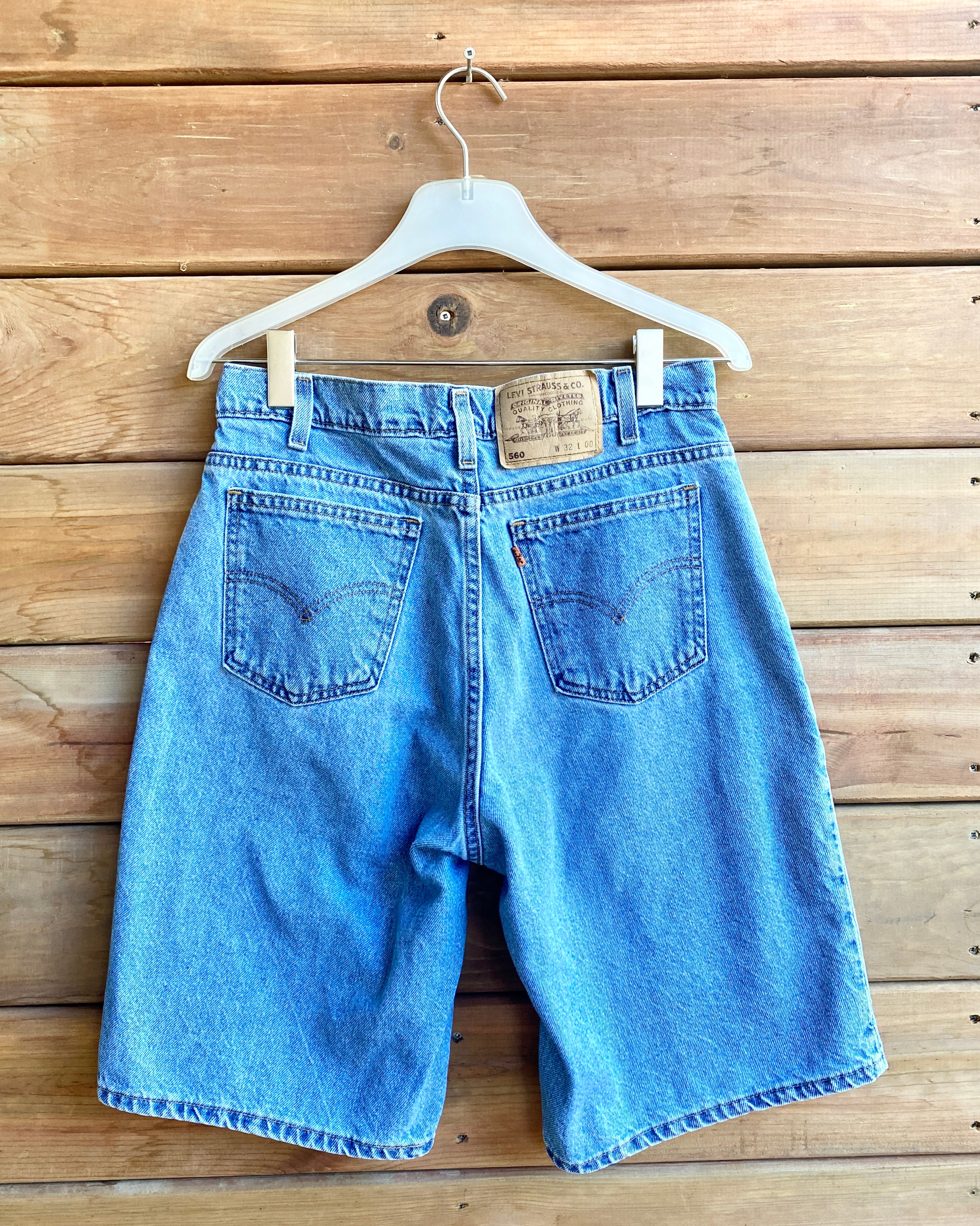 Vintage 1990s Orange Tab Levis 560 Medium Wash Bermuda Cutoffs Denim Jean Shorts 30 Made in USA