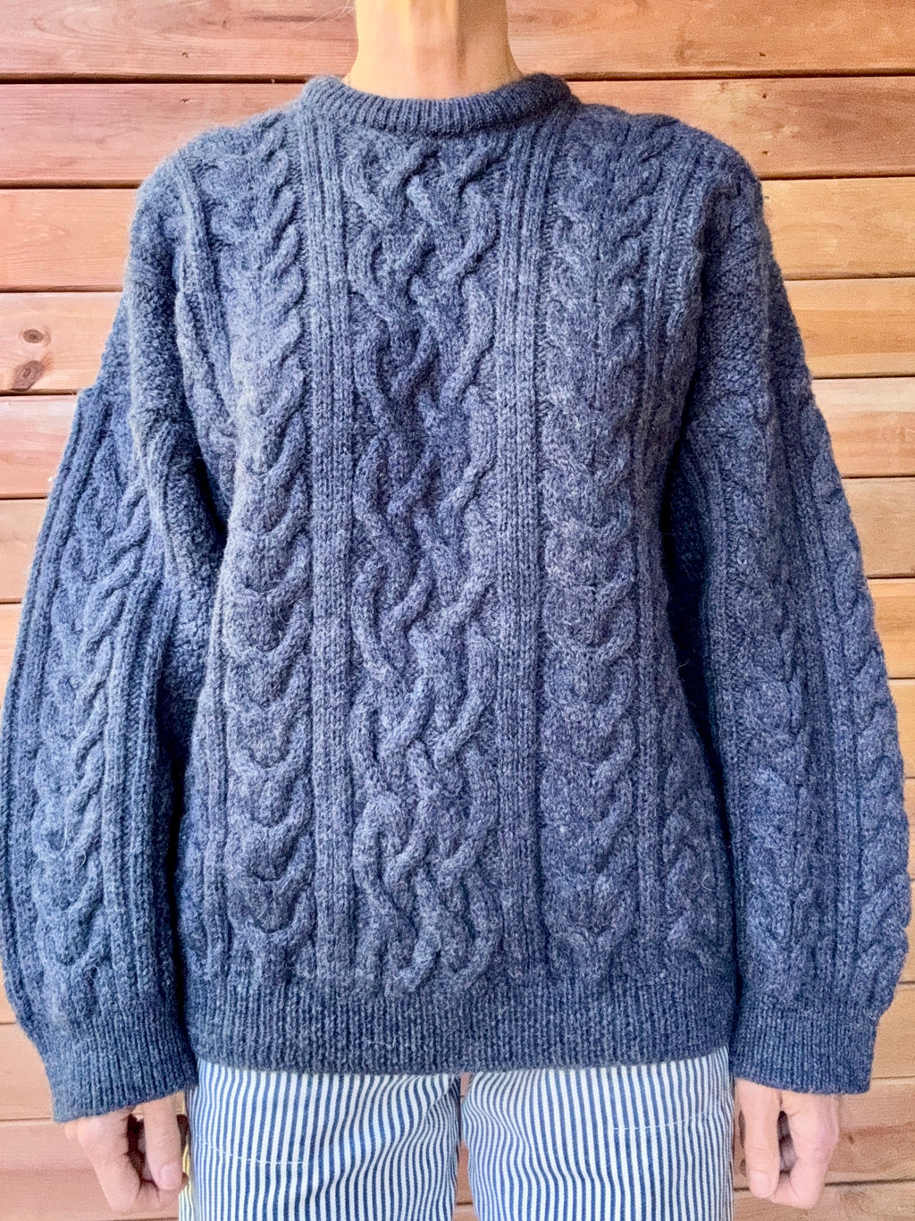 Vintage Cable Aran Fisherman Hand Knit Wool Denim Blue Marled Sweater