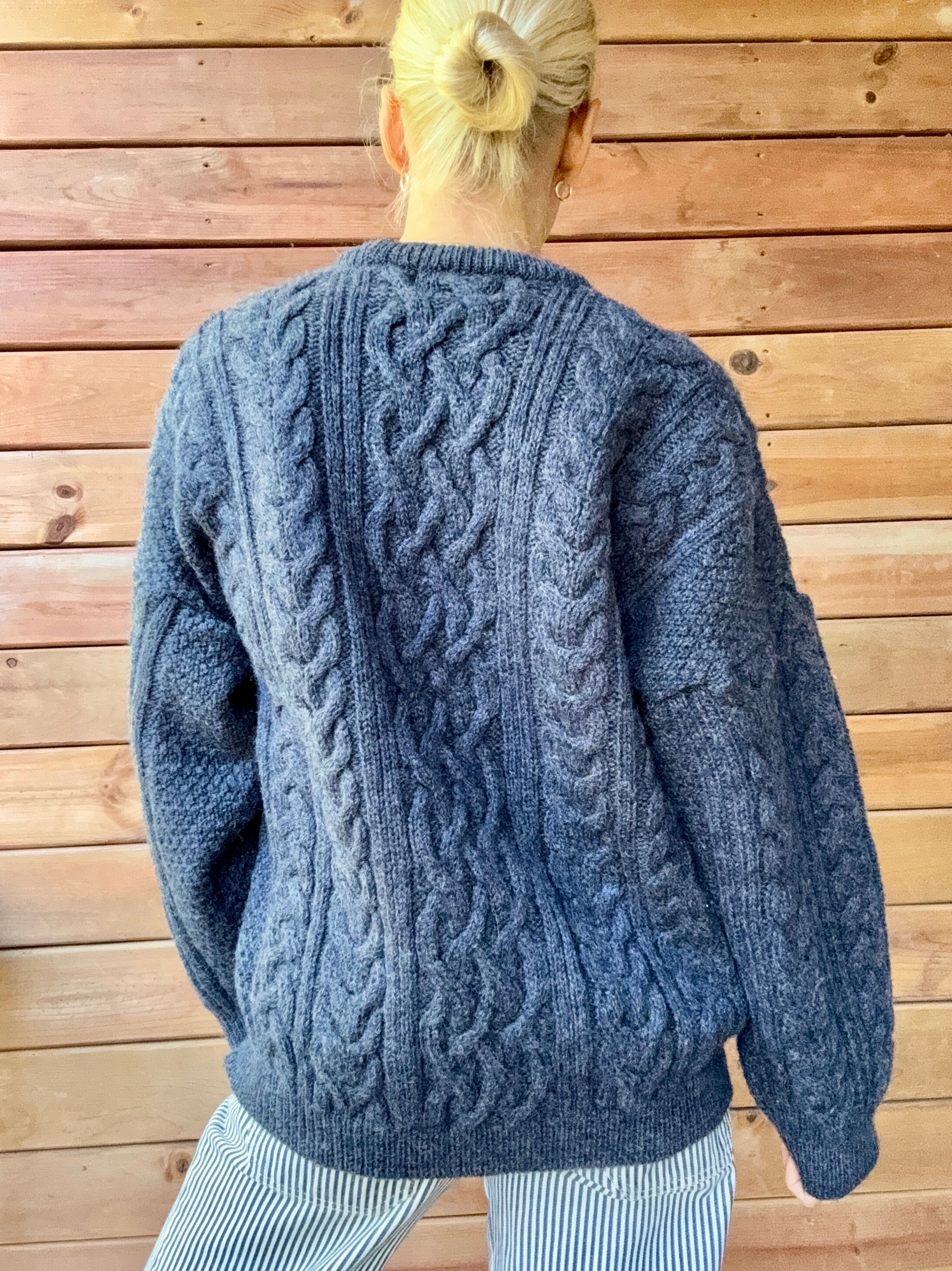 Vintage Cable Aran Fisherman Hand Knit Wool Denim Blue Marled Sweater