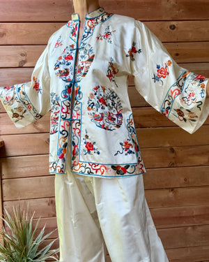 Vintage 1950s Deadstock Chinese Botanical Embroidered Ivory Silk Satin Pyjama Jacket and Pant Set S or M