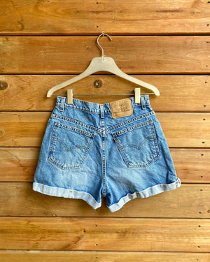 Vintage 1990s Orange Tab Levis 954 Medium Wash Cuffed Denim Jean Shorts 29 Made in USA