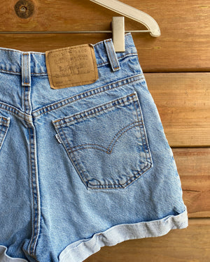 Vintage 1990s Orange Tab Levis 954 Light Wash Cuffed Denim Jean Shorts 28 Made in USA