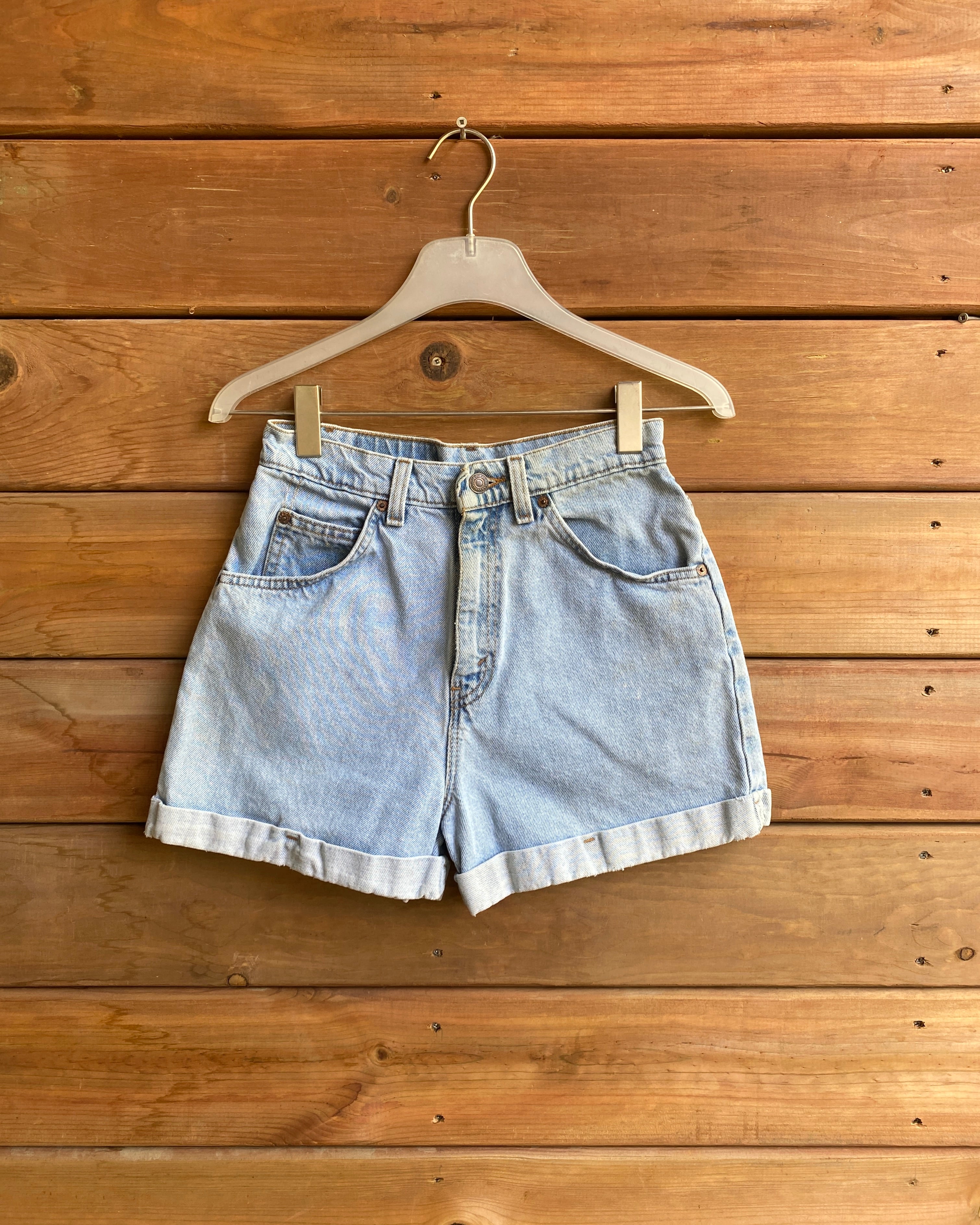 Vintage 1990s White Tab Levis 954 Light Wash Cuffed Denim Jean Shorts 26 Made in USA