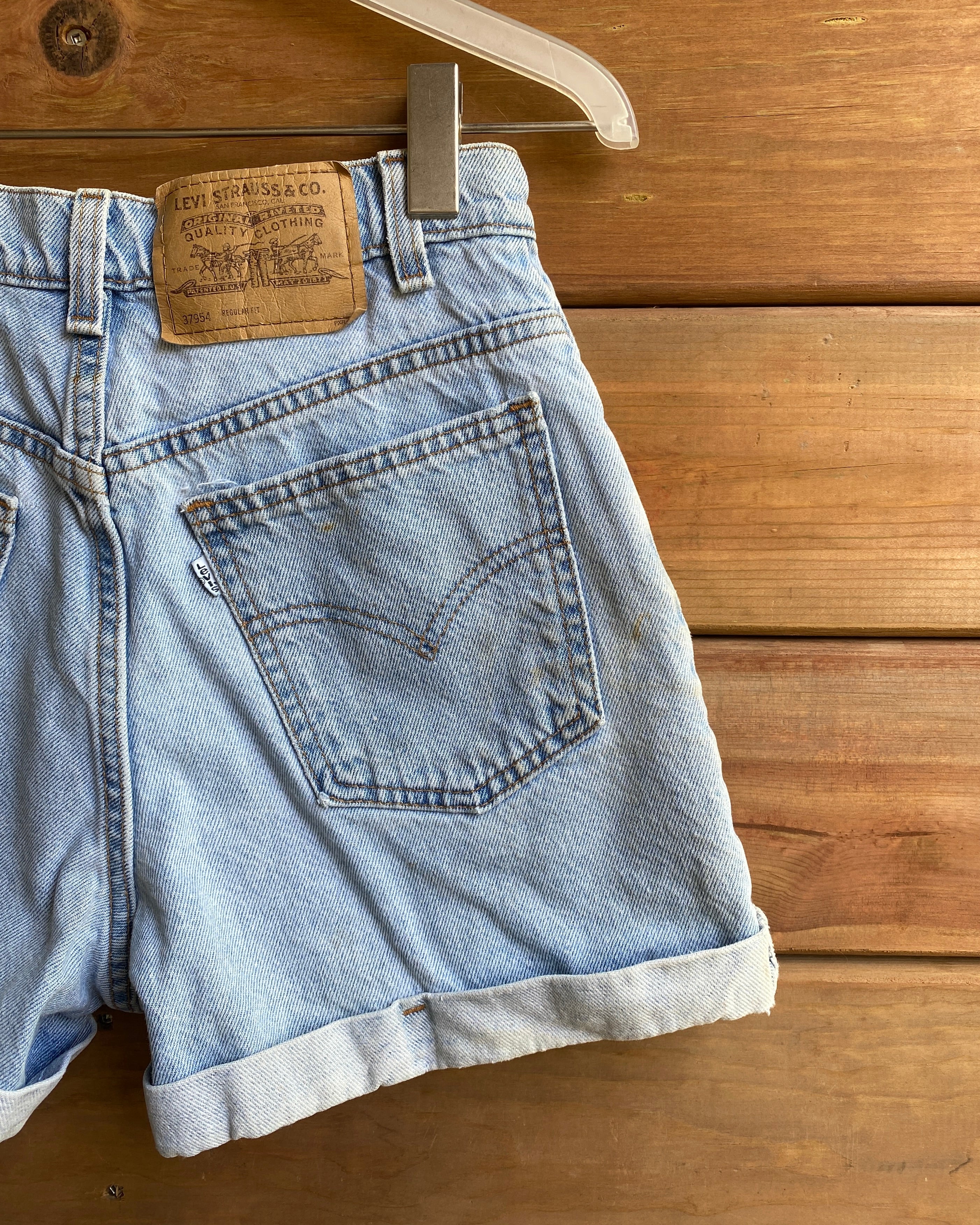 Vintage 1990s White Tab Levis 954 Light Wash Cuffed Denim Jean Shorts 26 Made in USA