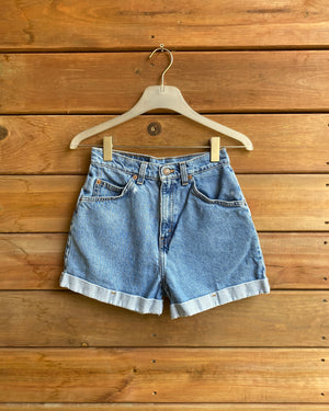 Vintage 1990s Orange Tab Levis 954 Light to Medium Wash Cuffed Denim Jean Shorts 25 Made in USA