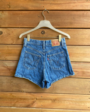 Vintage 2000s Y2K Red Tab Levis Medium to Dark Wash Hemmed Denim Jean Shorts / High Waist / Size 26 to 27