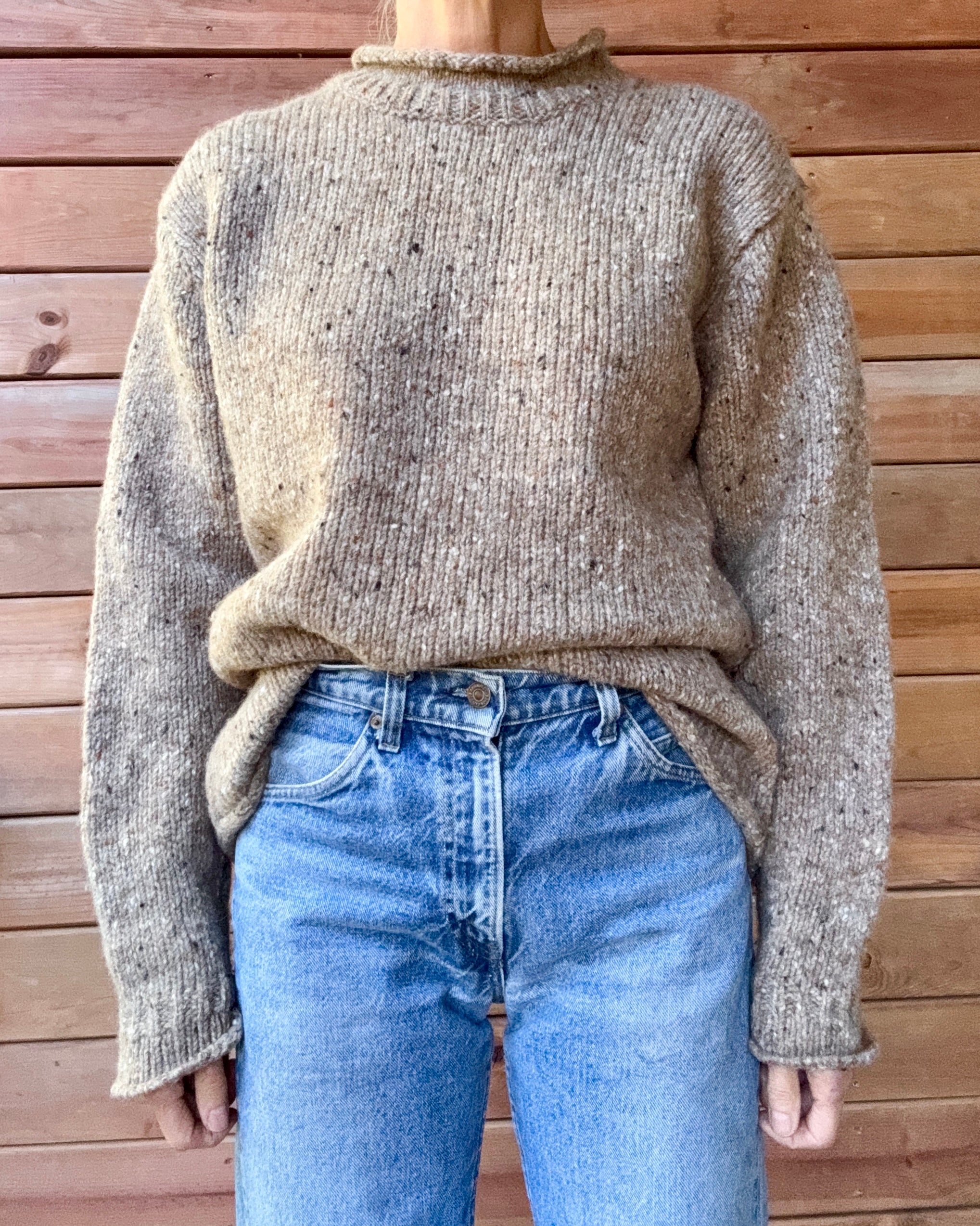 Vintage Aran Sweater Market Wool Oatmeal Melange Speckled Tweed Hand Knit Mock Neck Sweater with Rolled Edges Made in Ireland