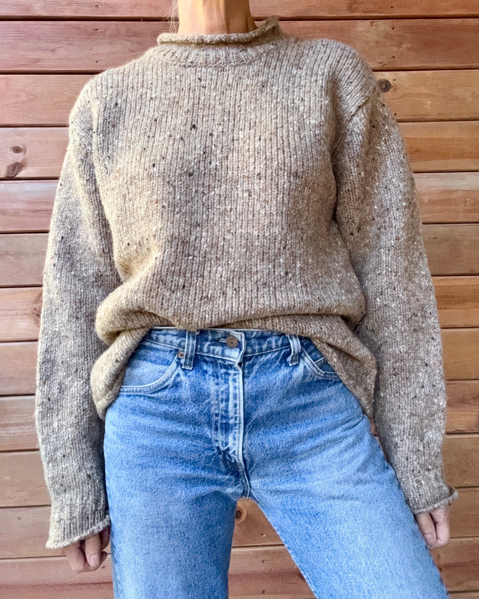 Vintage Aran Sweater Market Wool Oatmeal Melange Speckled Tweed Hand Knit Mock Neck Sweater with Rolled Edges Made in Ireland