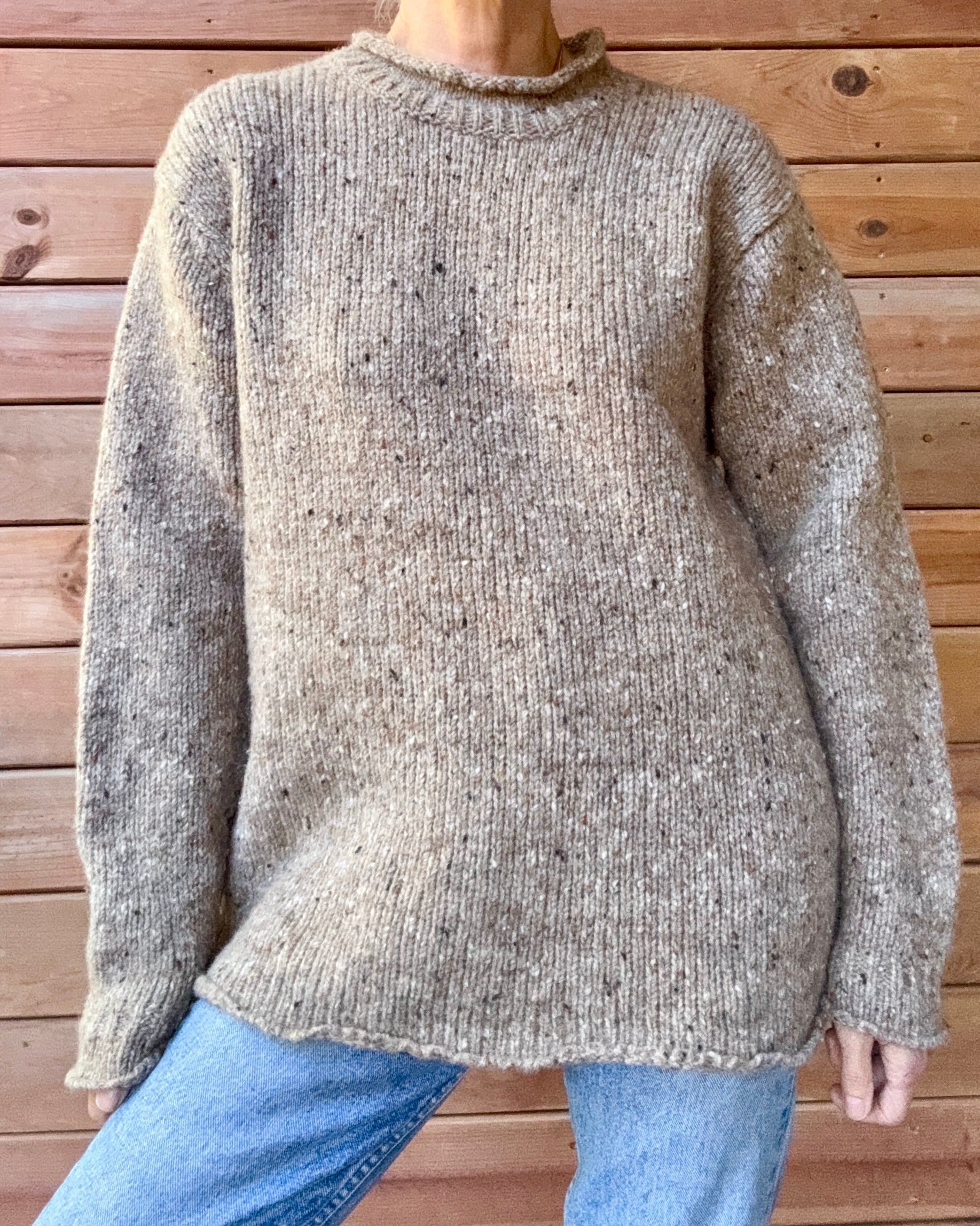 Vintage Aran Sweater Market Wool Oatmeal Melange Speckled Tweed Hand Knit Mock Neck Sweater with Rolled Edges Made in Ireland