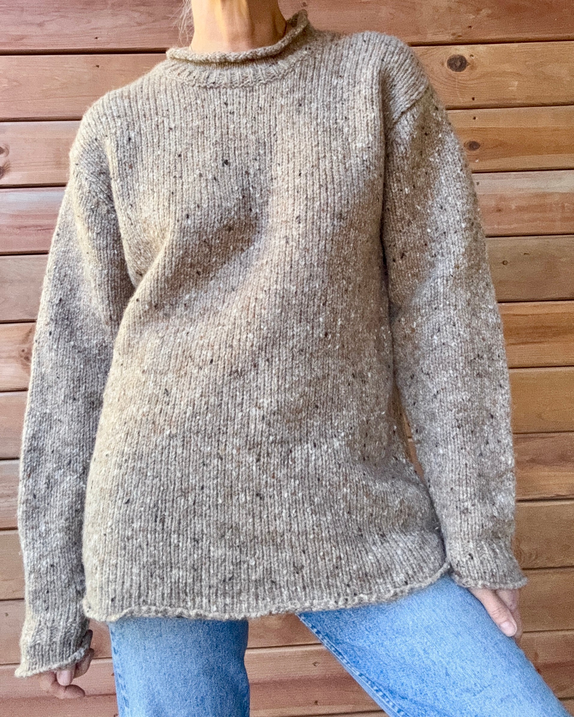 Vintage Aran Sweater Market Wool Oatmeal Melange Speckled Tweed Hand Knit Mock Neck Sweater with Rolled Edges Made in Ireland
