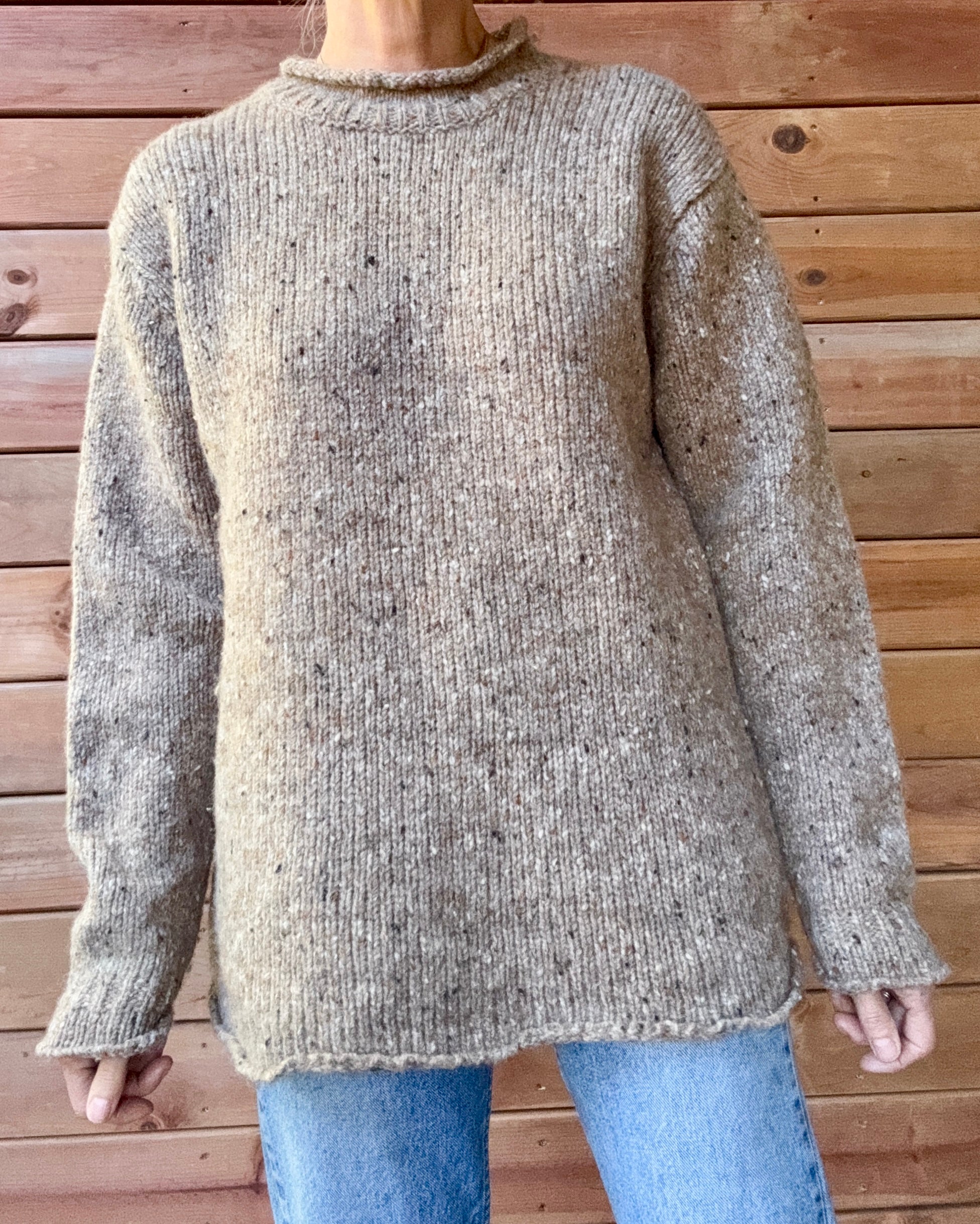 Vintage Aran Sweater Market Wool Oatmeal Melange Speckled Tweed Hand Knit Mock Neck Sweater with Rolled Edges Made in Ireland
