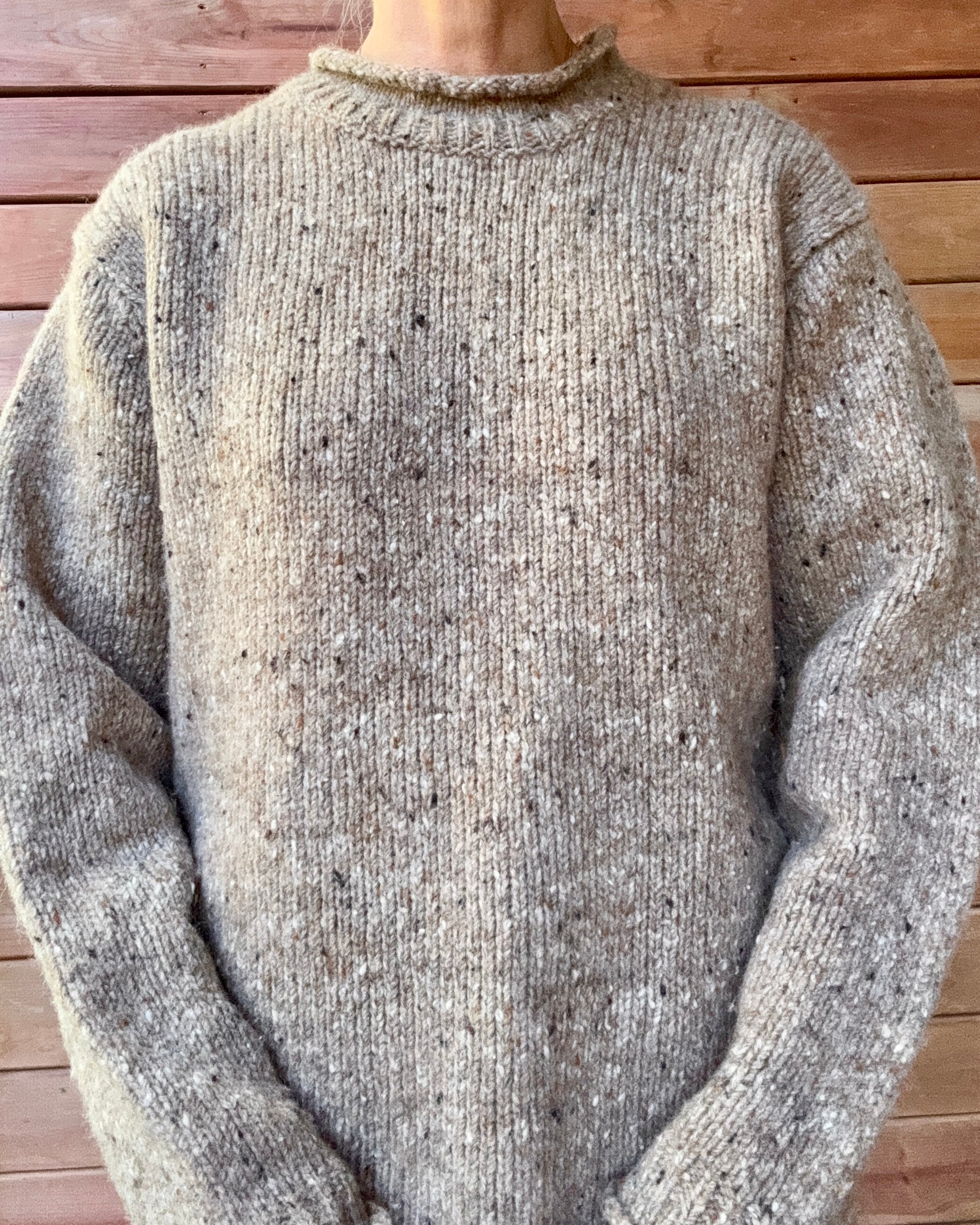 Vintage Aran Sweater Market Wool Oatmeal Melange Speckled Tweed Hand Knit Mock Neck Sweater with Rolled Edges Made in Ireland
