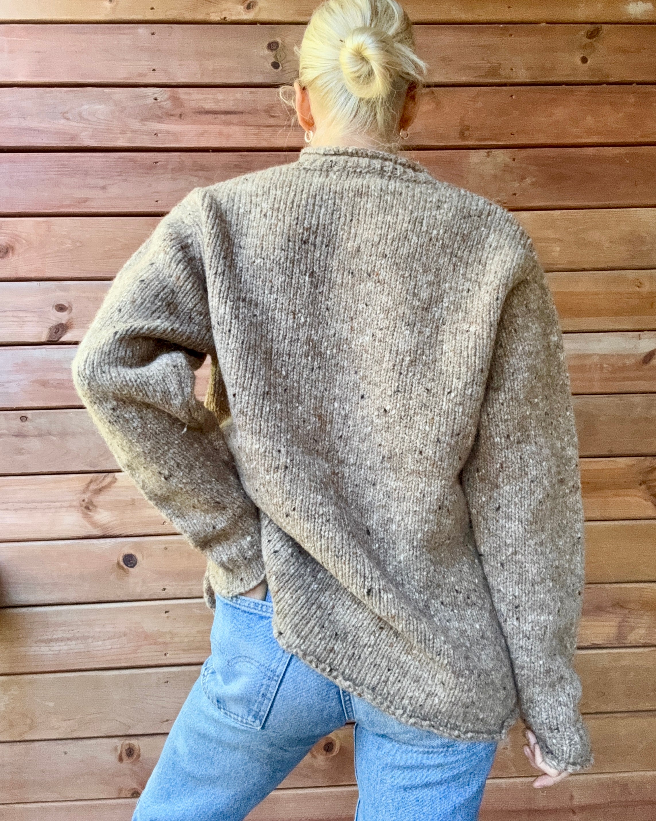 Vintage Aran Sweater Market Wool Oatmeal Melange Speckled Tweed Hand Knit Mock Neck Sweater with Rolled Edges Made in Ireland