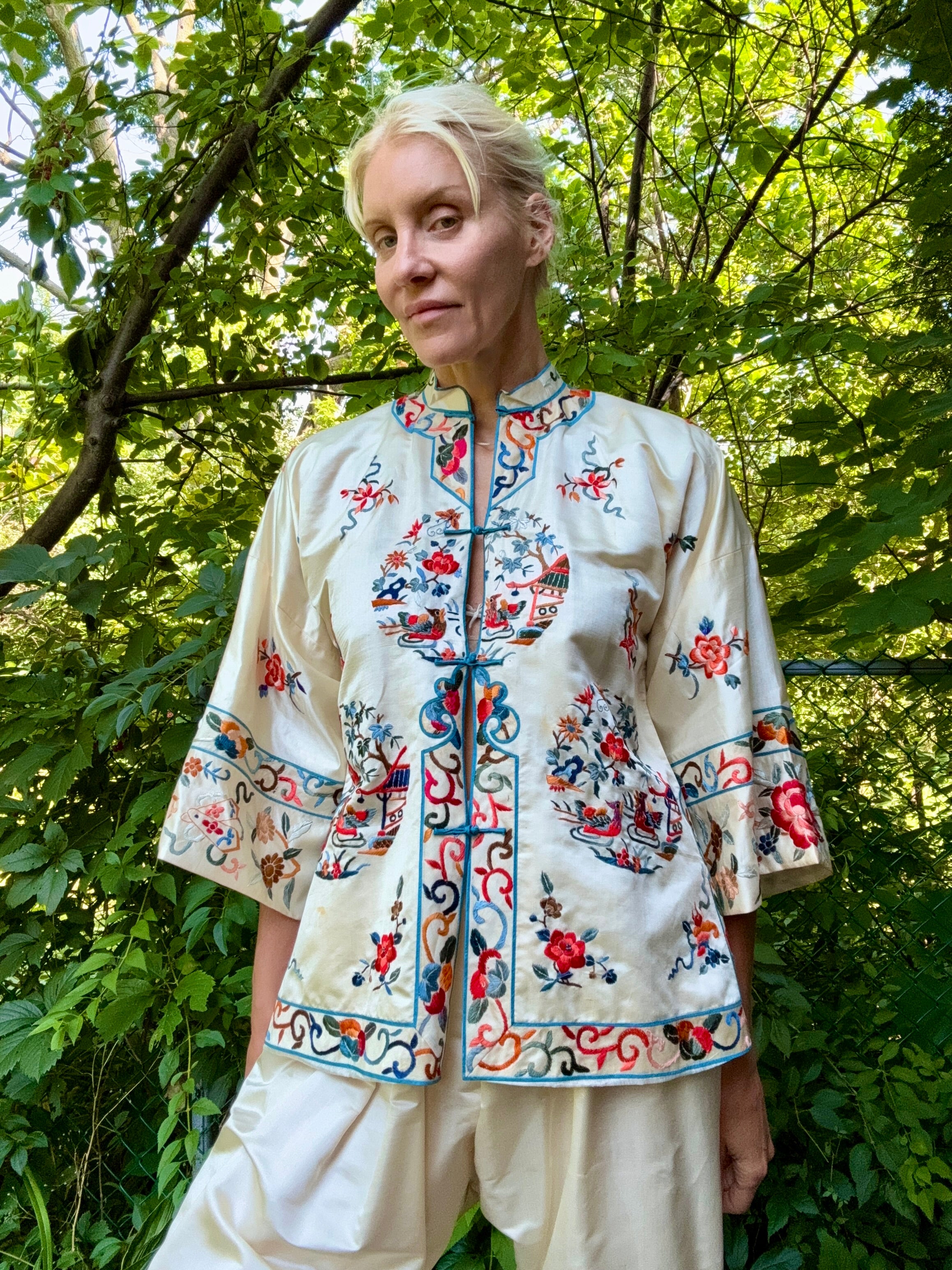 Vintage 1950s Deadstock Chinese Botanical Embroidered Ivory Silk Satin Pyjama Jacket and Pant Set S or M